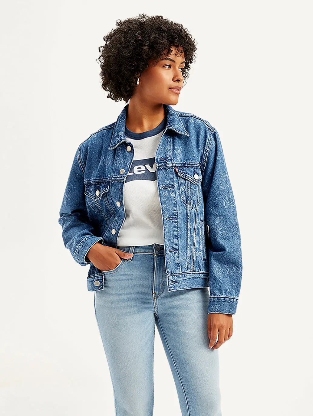Women's Paisley Print Blue Spread Collar Denim Trucker Jacket 1
