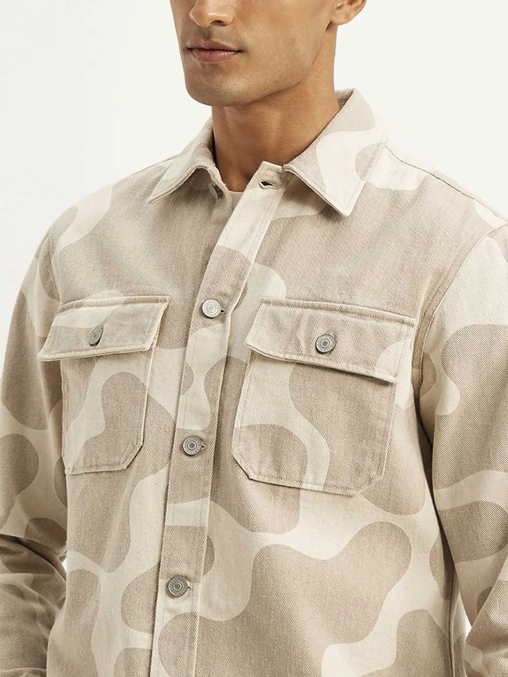 Men's Abstract Beige Relaxed Fit Utility Overshirt 5