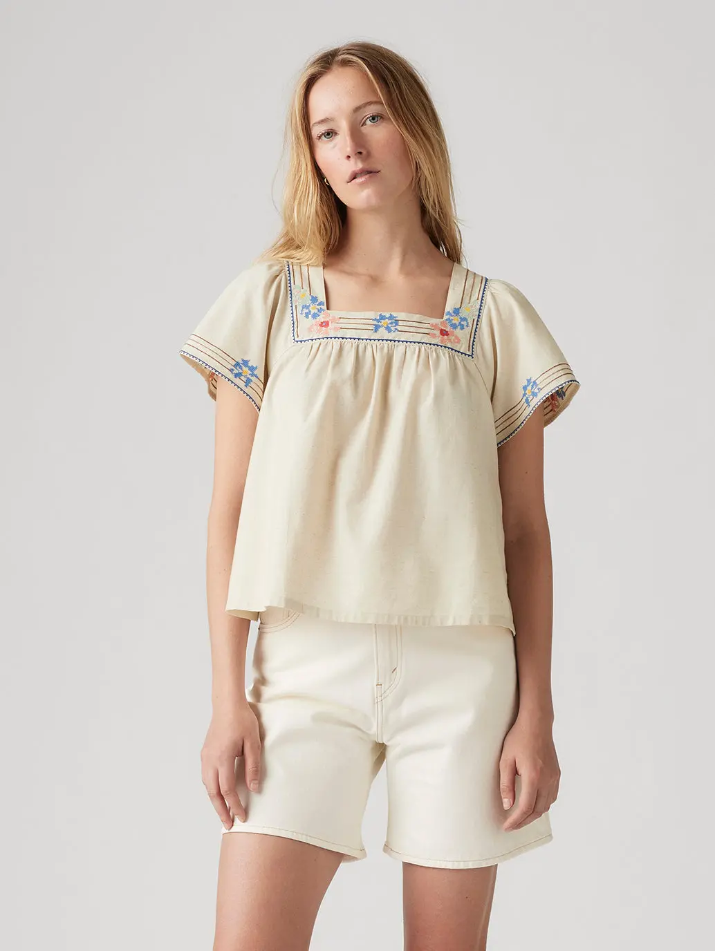 Women's Embroidered Cream Square Neck Top 1