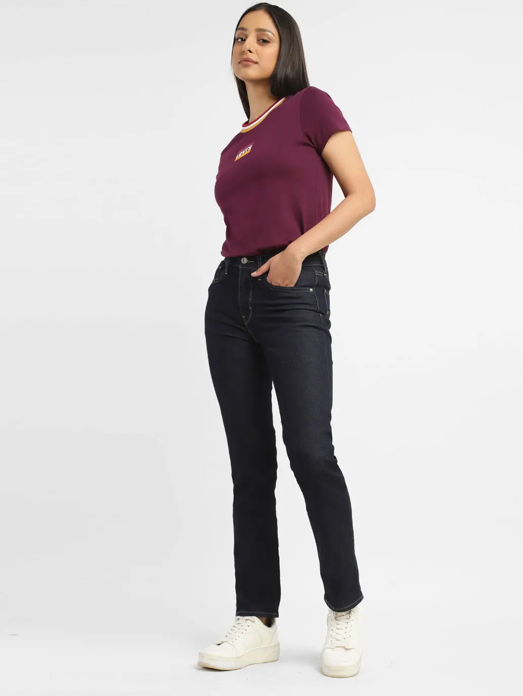 Women's 724 Navy Blue Slim Straight Fit High Rise Jeans 1