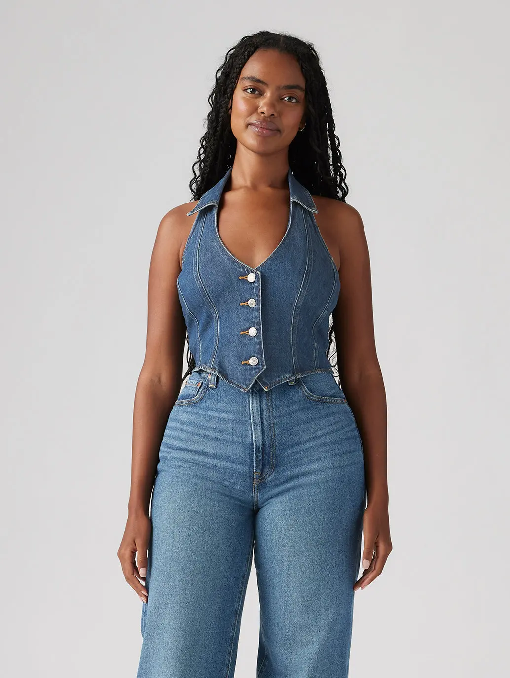 Women's Solid Blue Halter Neck Denim Corset Top 1