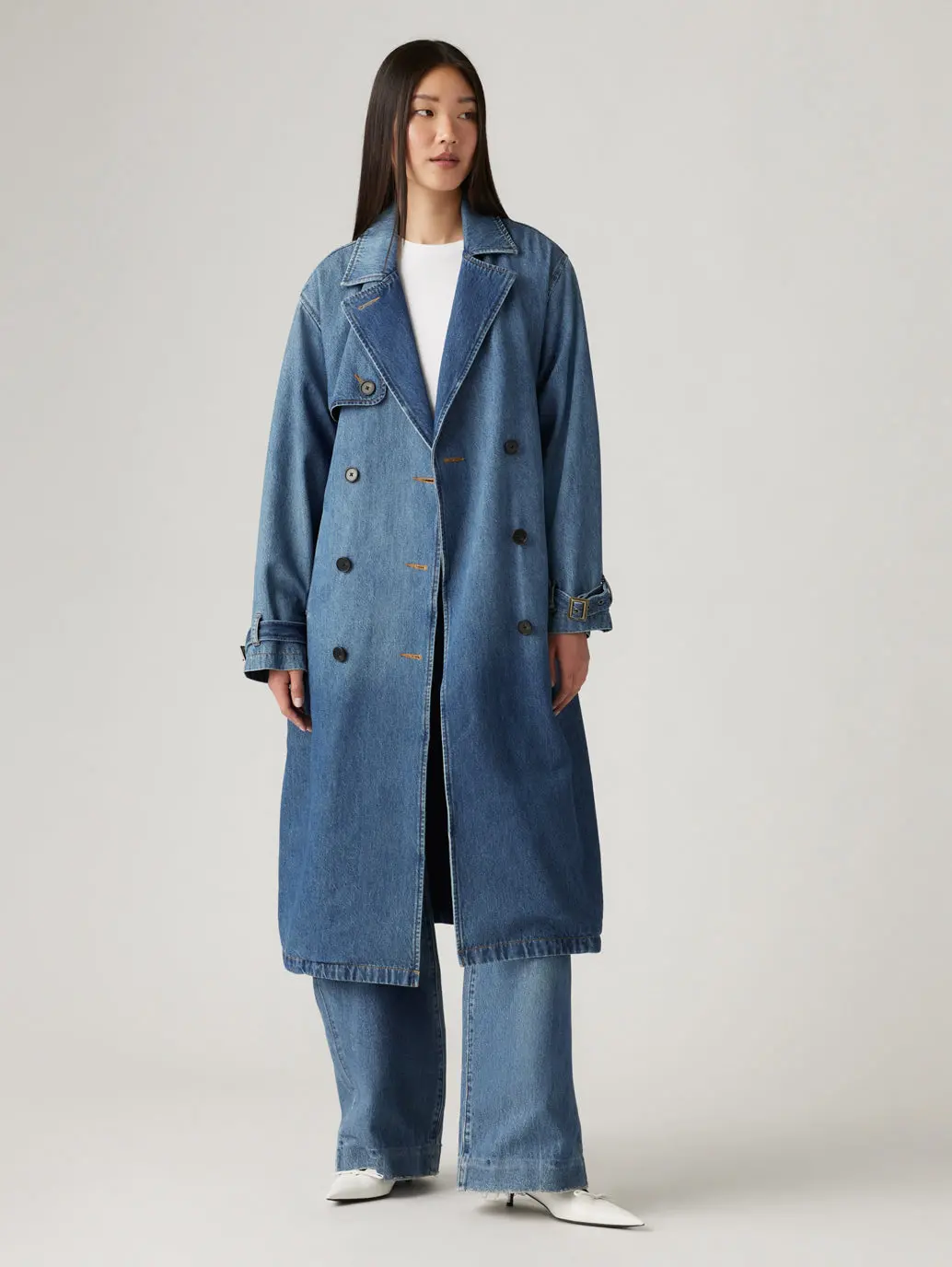 Women's Solid Blue Denim Trench Coat 1