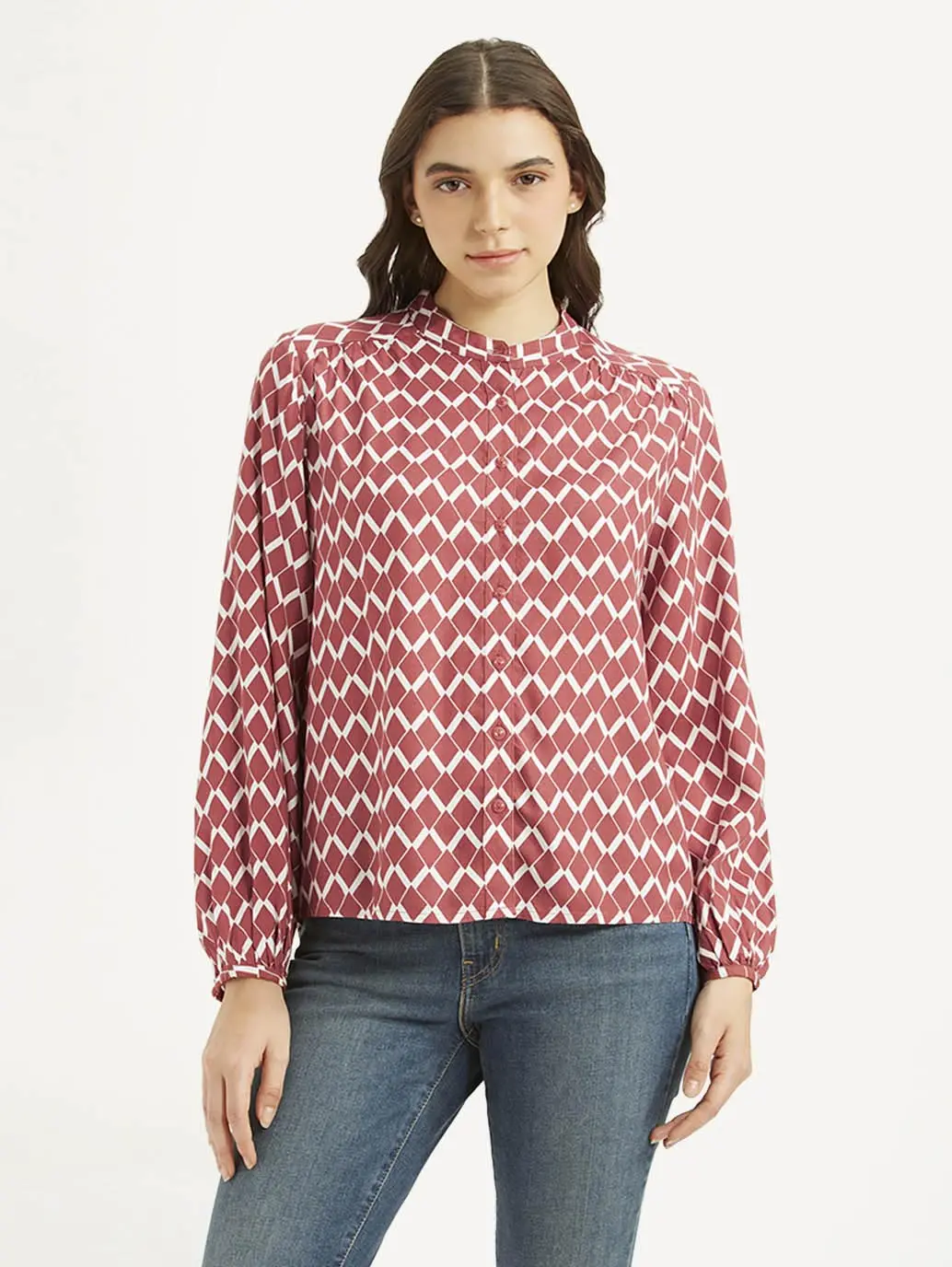 Women's Geometric Red Band Neck Top 1