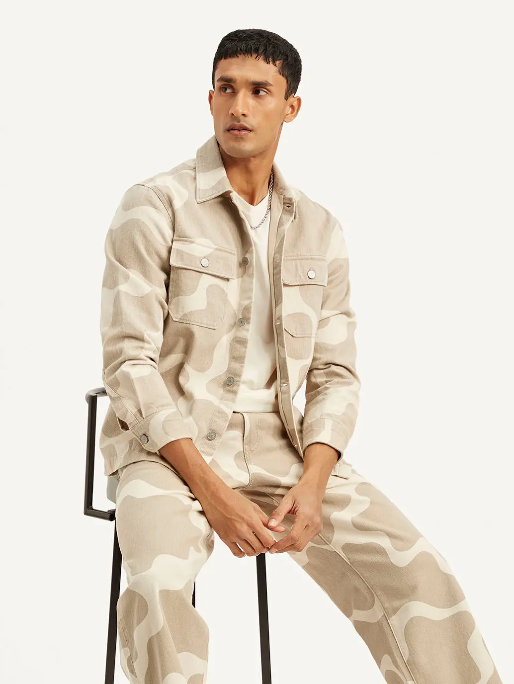Men's Abstract Beige Relaxed Fit Utility Overshirt 1