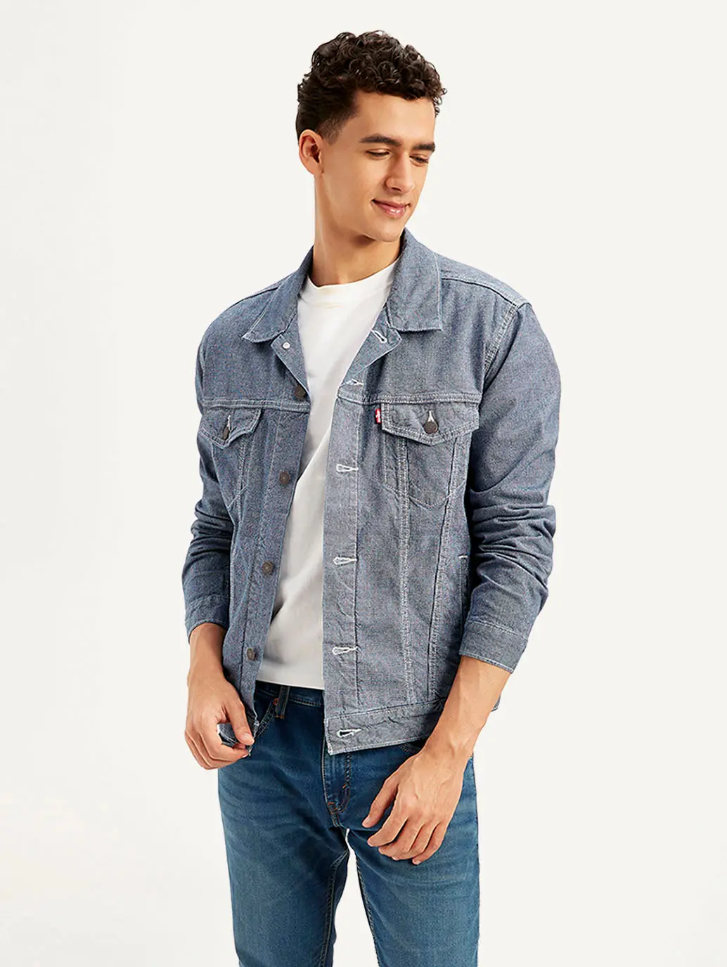 Men's Solid Blue Spread Collar Denim Jacket 1