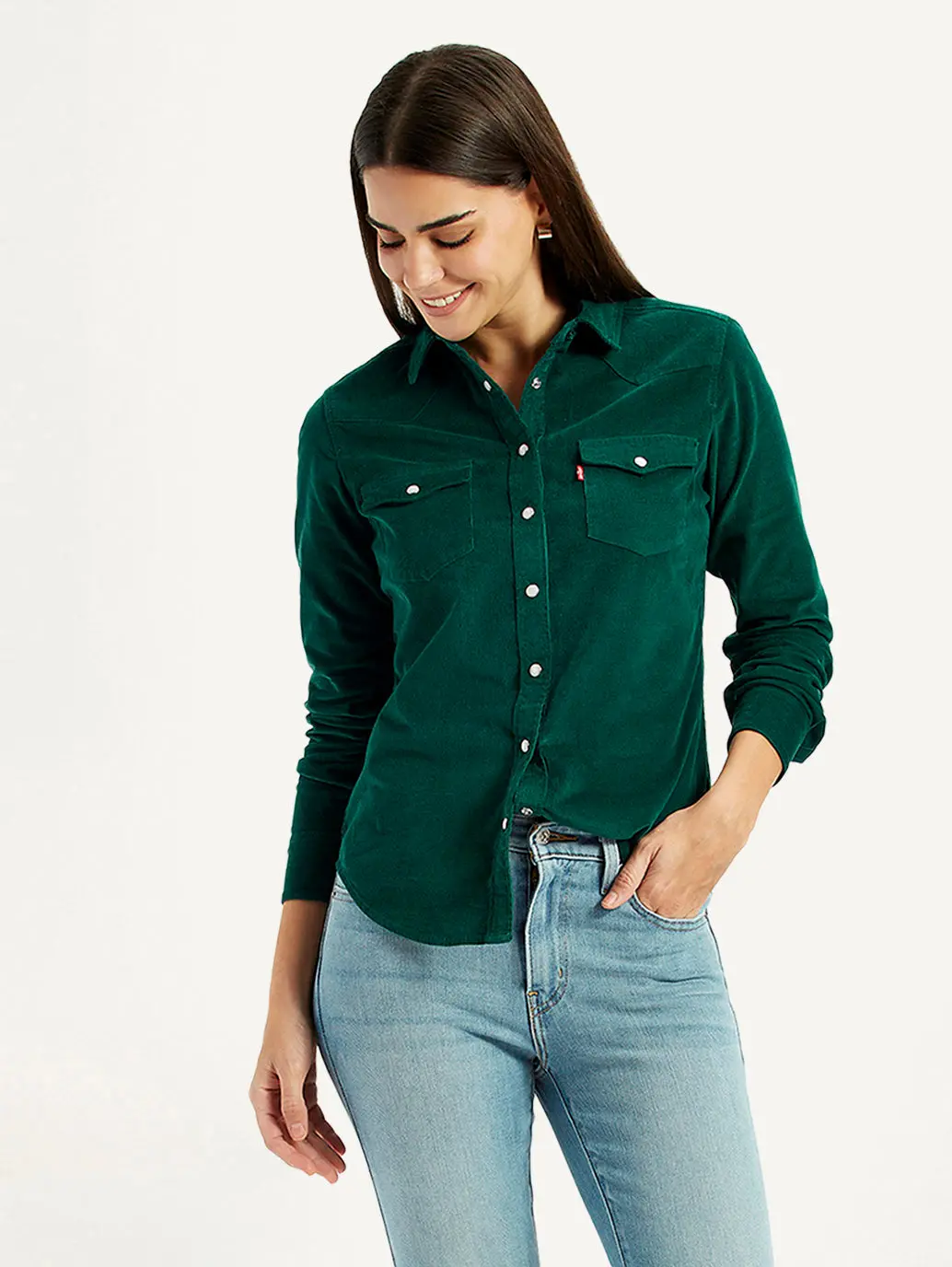 Women's Textured Dark Green Spread Collar Shirt 1