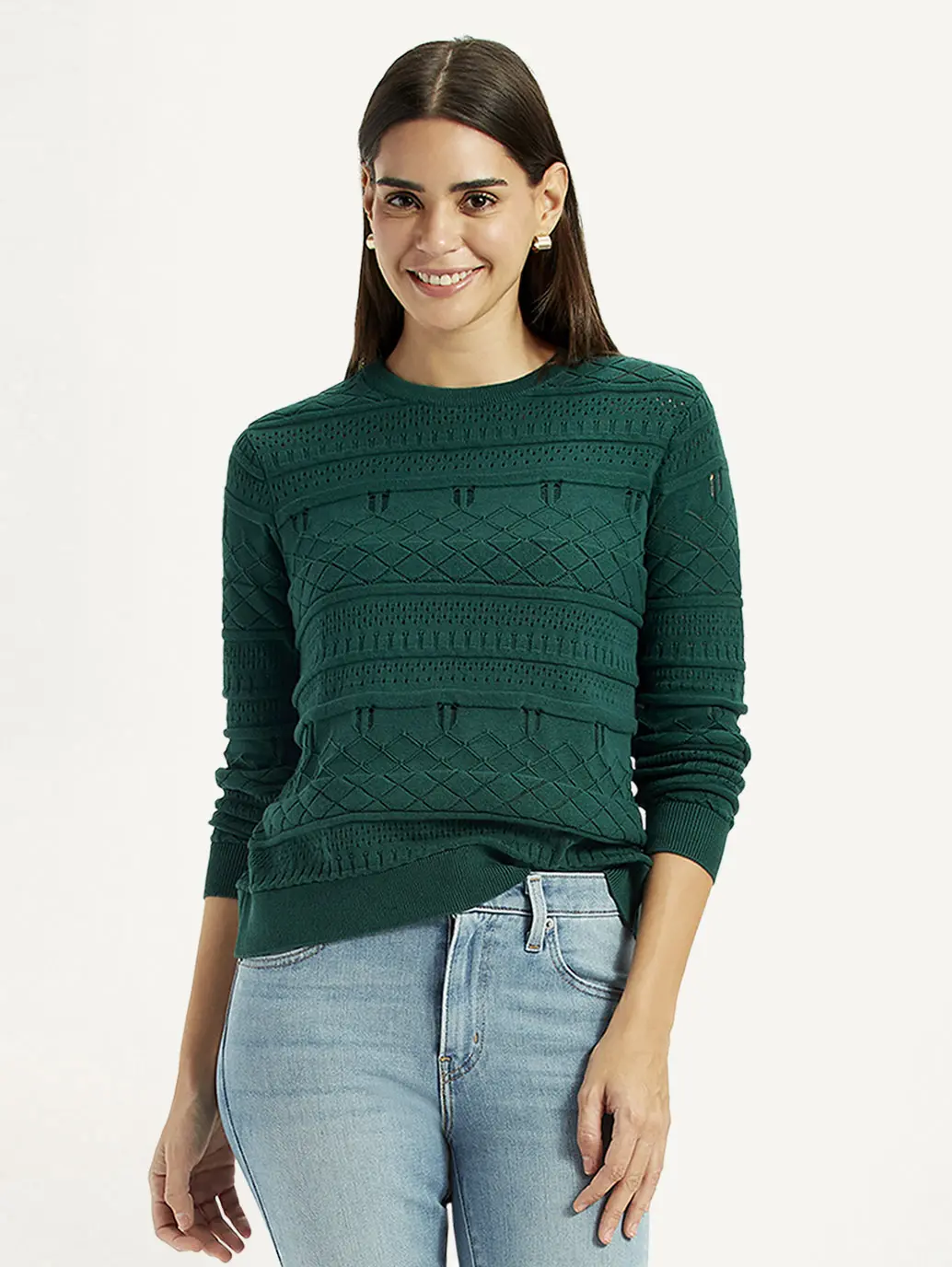 Women's Self-Design Dark Green Crew Neck Sweater 1