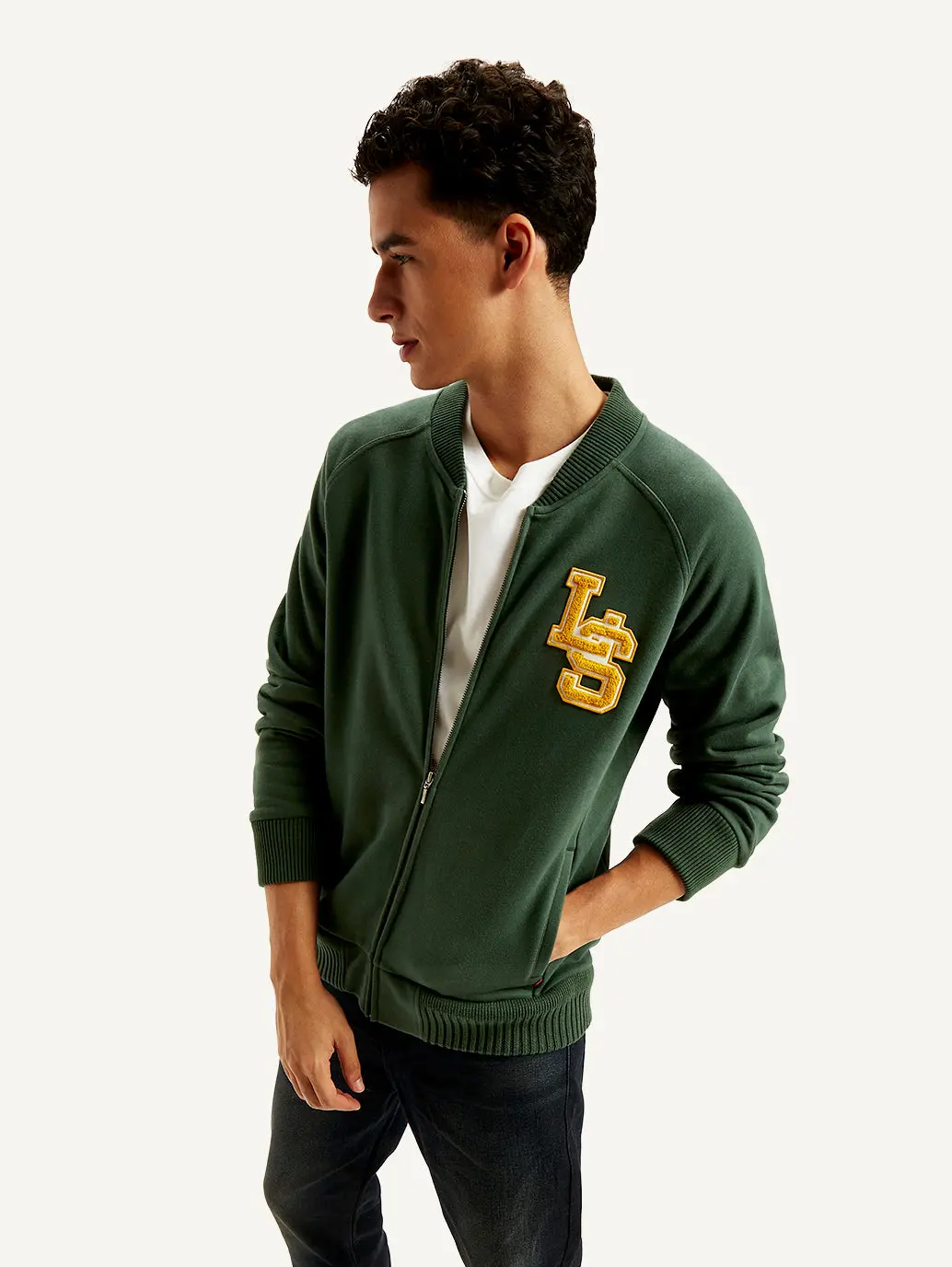 Men's Brand Logo Green Band Neck Zip-Front Sweatshirt 1