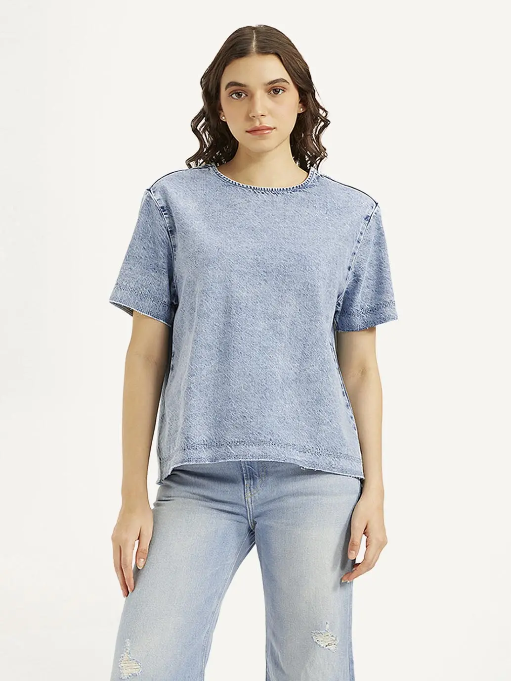 Women's Solid Light Blue Round Neck Denim Top 1