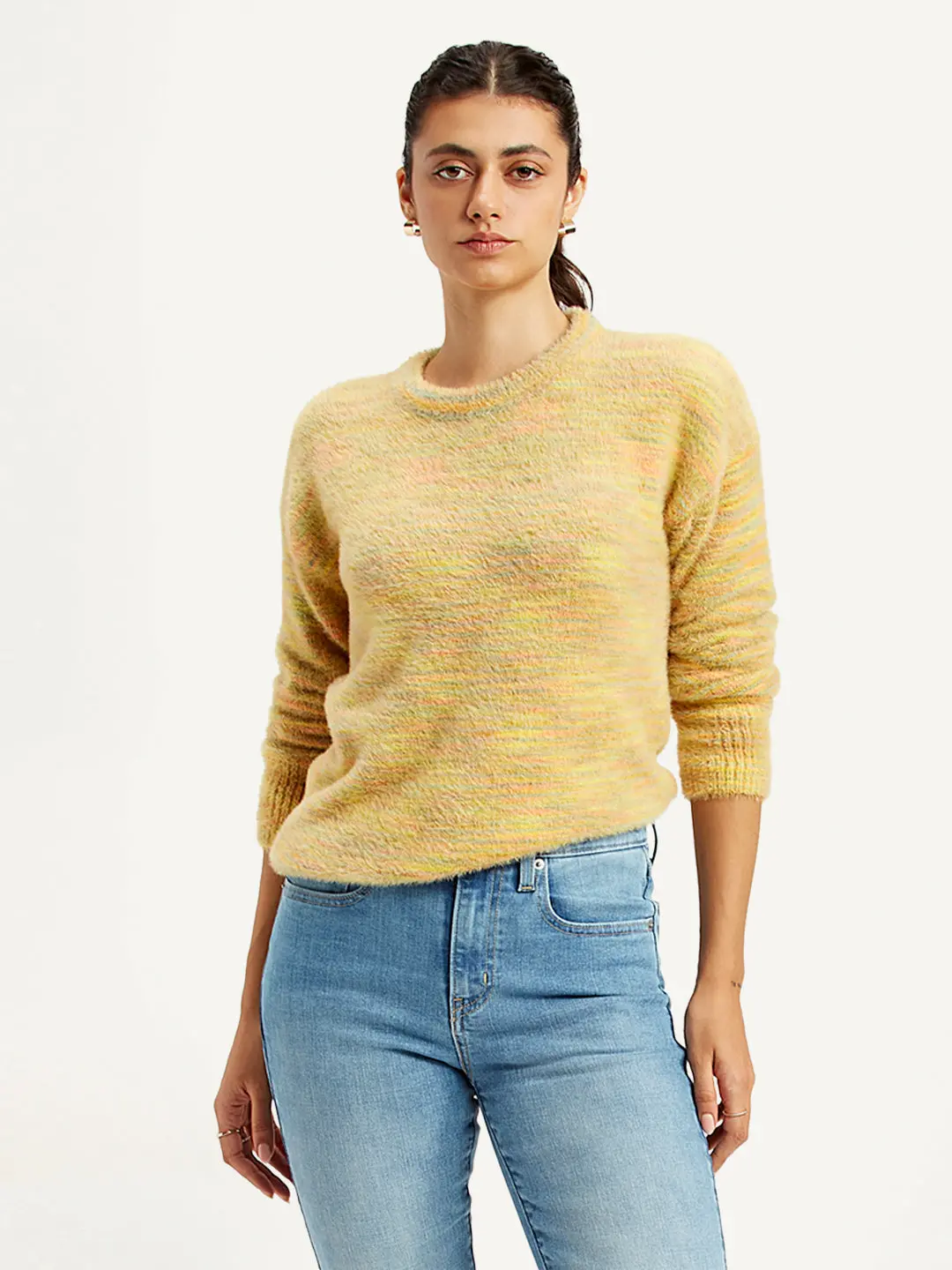 Women's Self Pattern Yellow Crew Neck Sweater 1