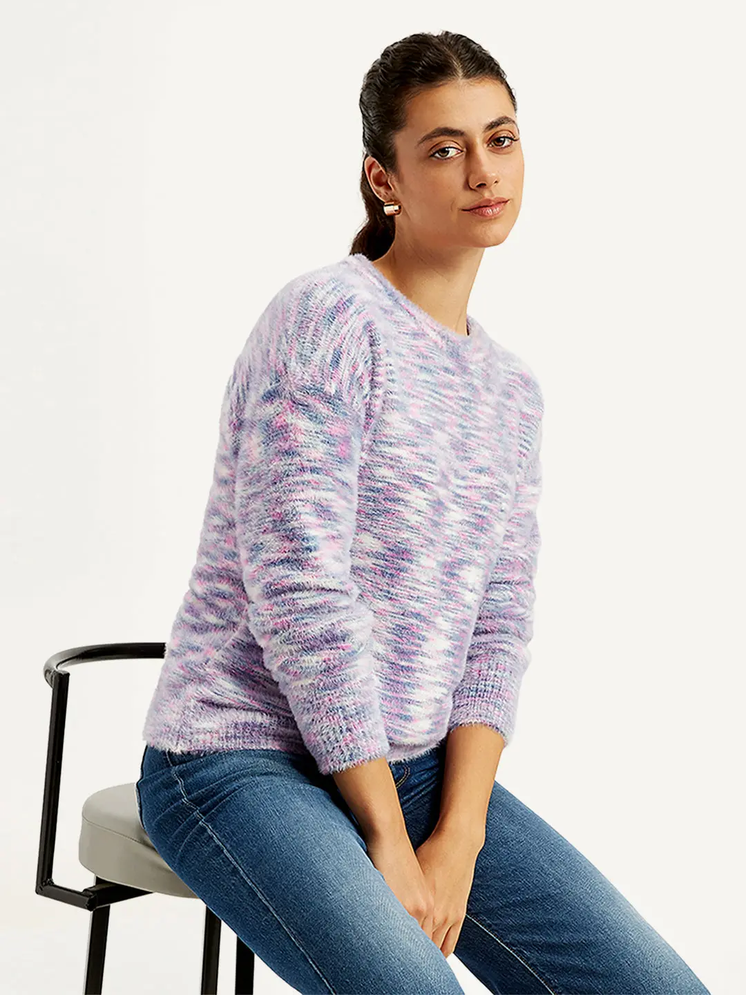 Women's Self Pattern Purple Crew Neck Sweater 1