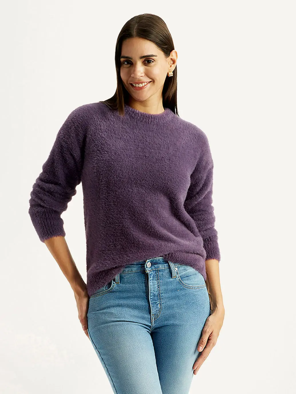 Women's Solid Purple Crew Neck Sweater 1