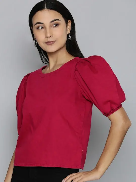 Women's Solid Red Round Neck Top 1