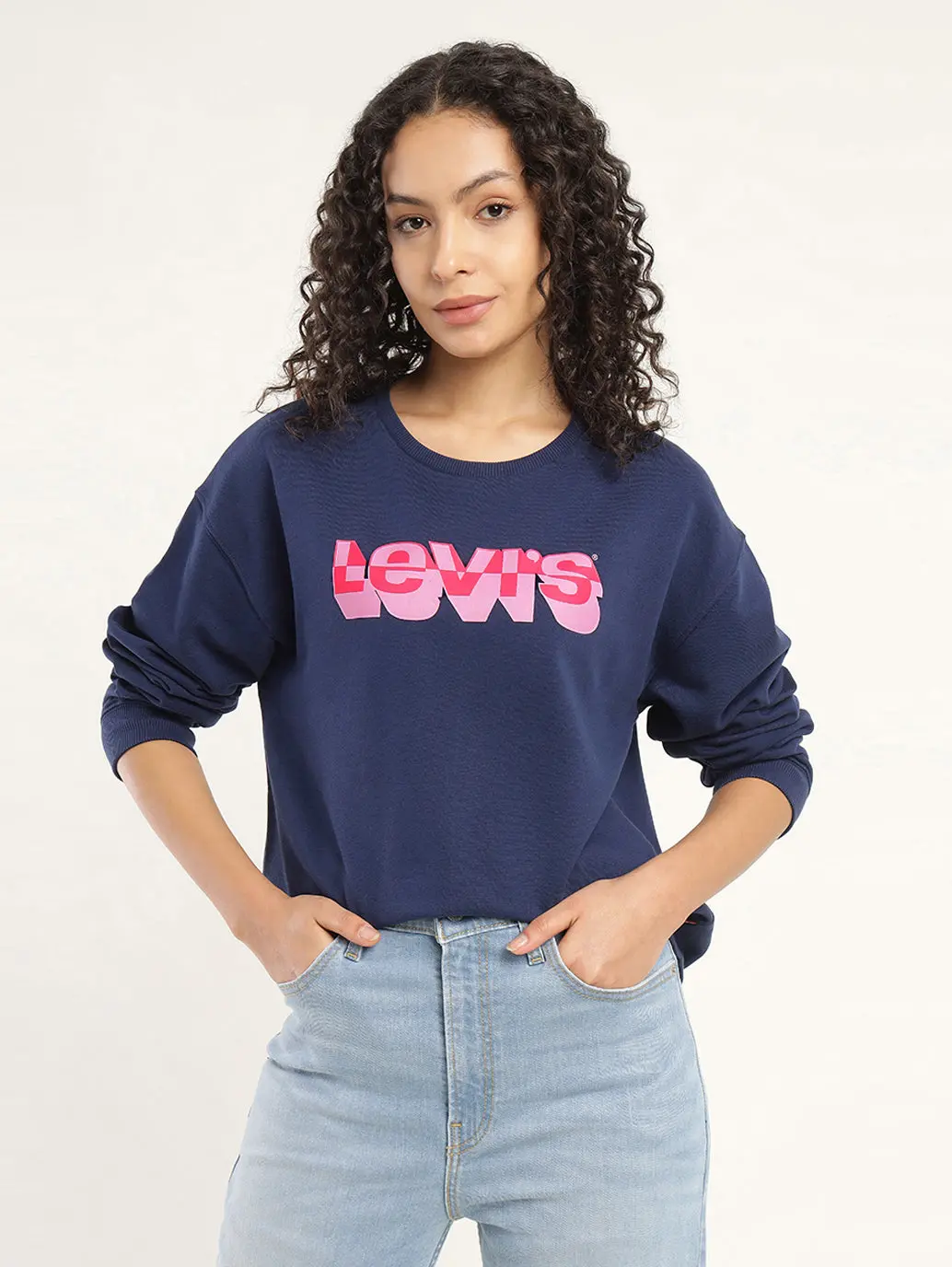 Women's Brand Logo Navy Crew Neck Sweatshirt 1