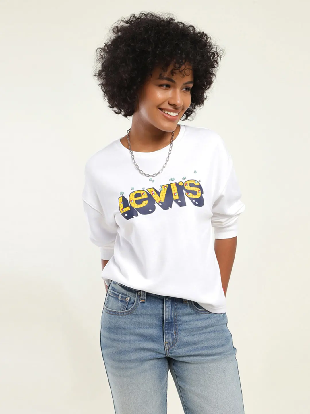 Women's Brand Logo White Crew Neck Sweatshirt 1