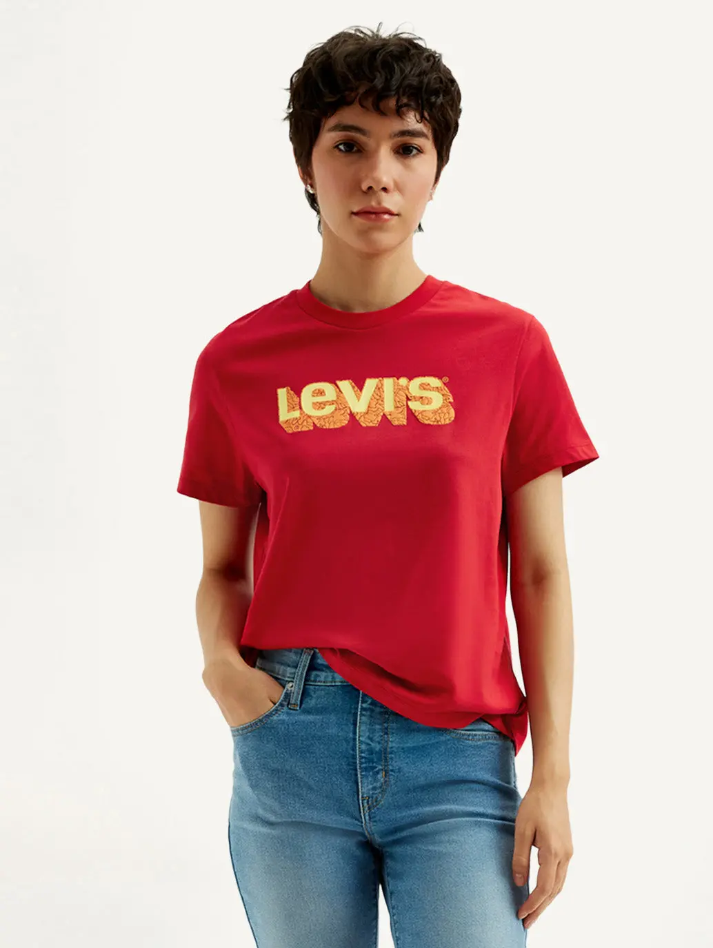 Women's Brand Logo Red Crew Neck T-Shirt 1