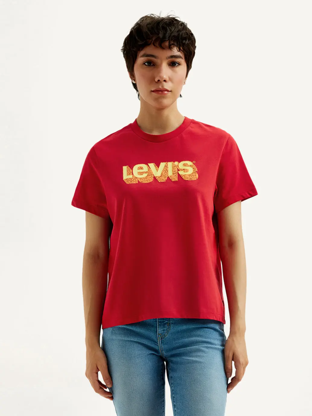 Women's Brand Logo Red Crew Neck T-Shirt 2