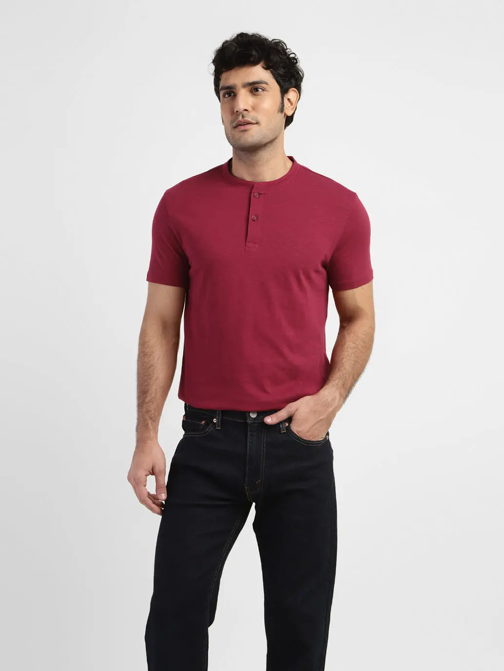 Men's Self Design Henley T-Shirt Red 1