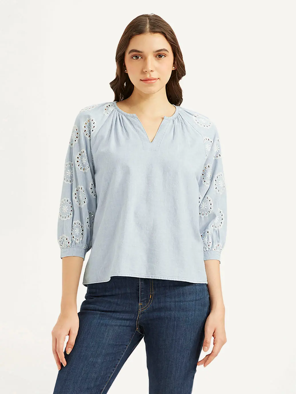 Women's Embroidered Light-Blue Round Neck Top 1
