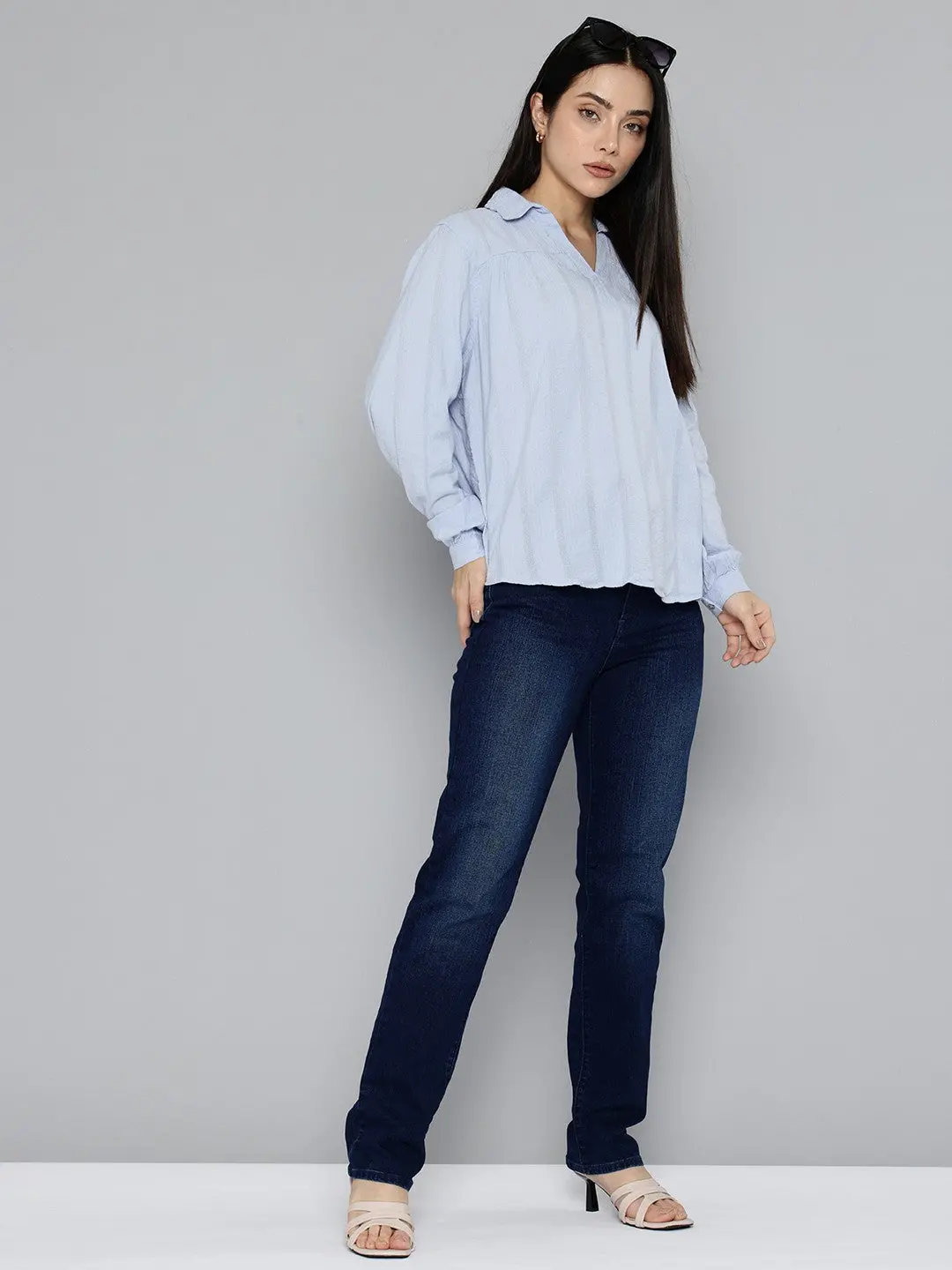 Women's Striped Blue Spread Collar Top 1