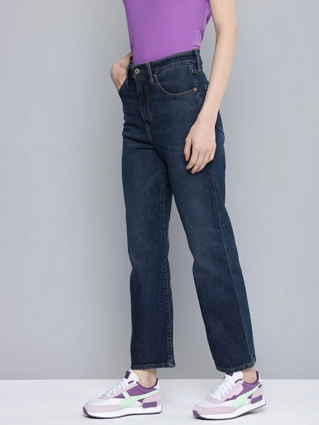 Women's Blue Ribcage Straight Ankle Fit Mid Rise Jeans 3