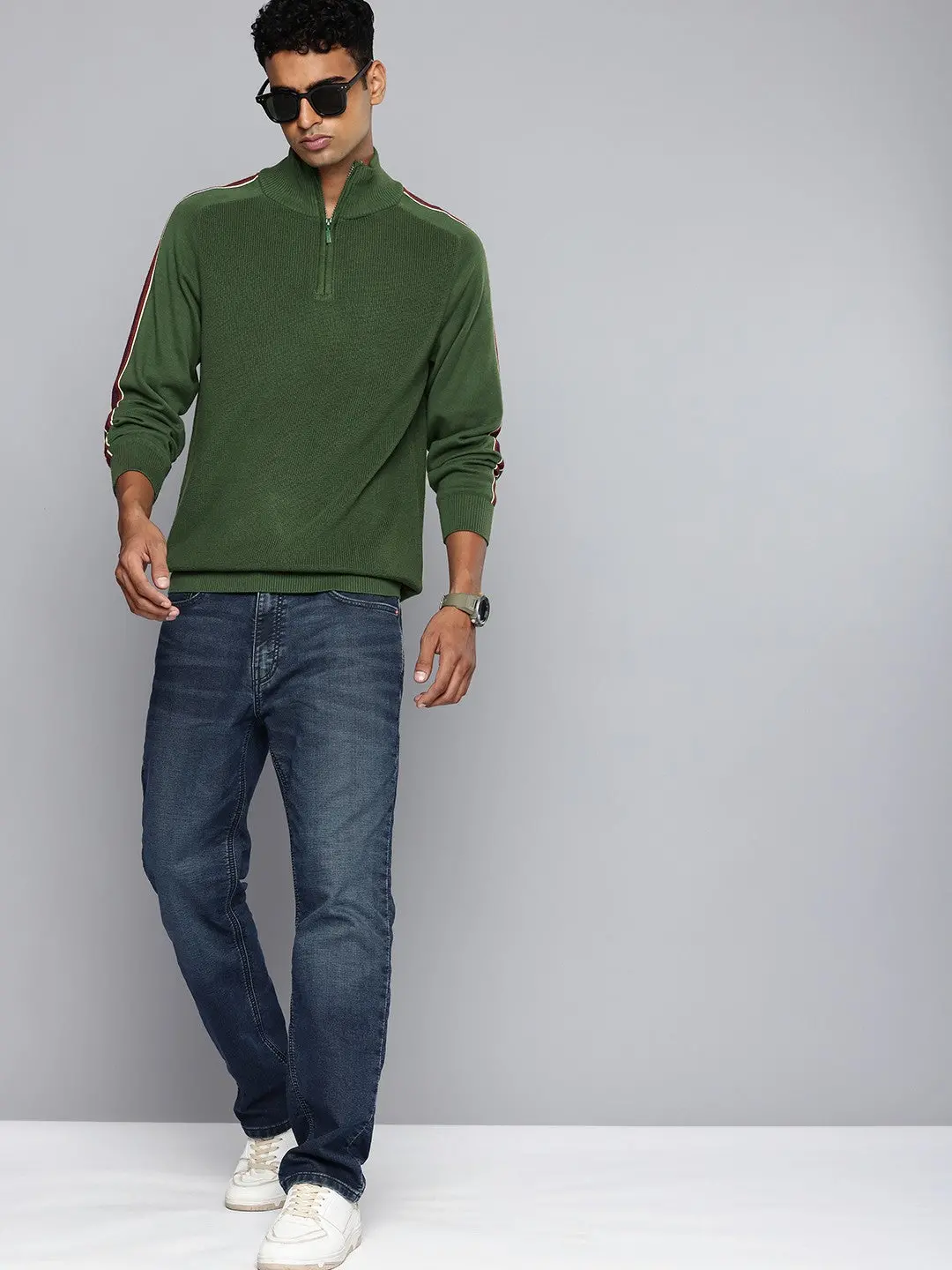 Men's Striped Green High Neck Sweater 1