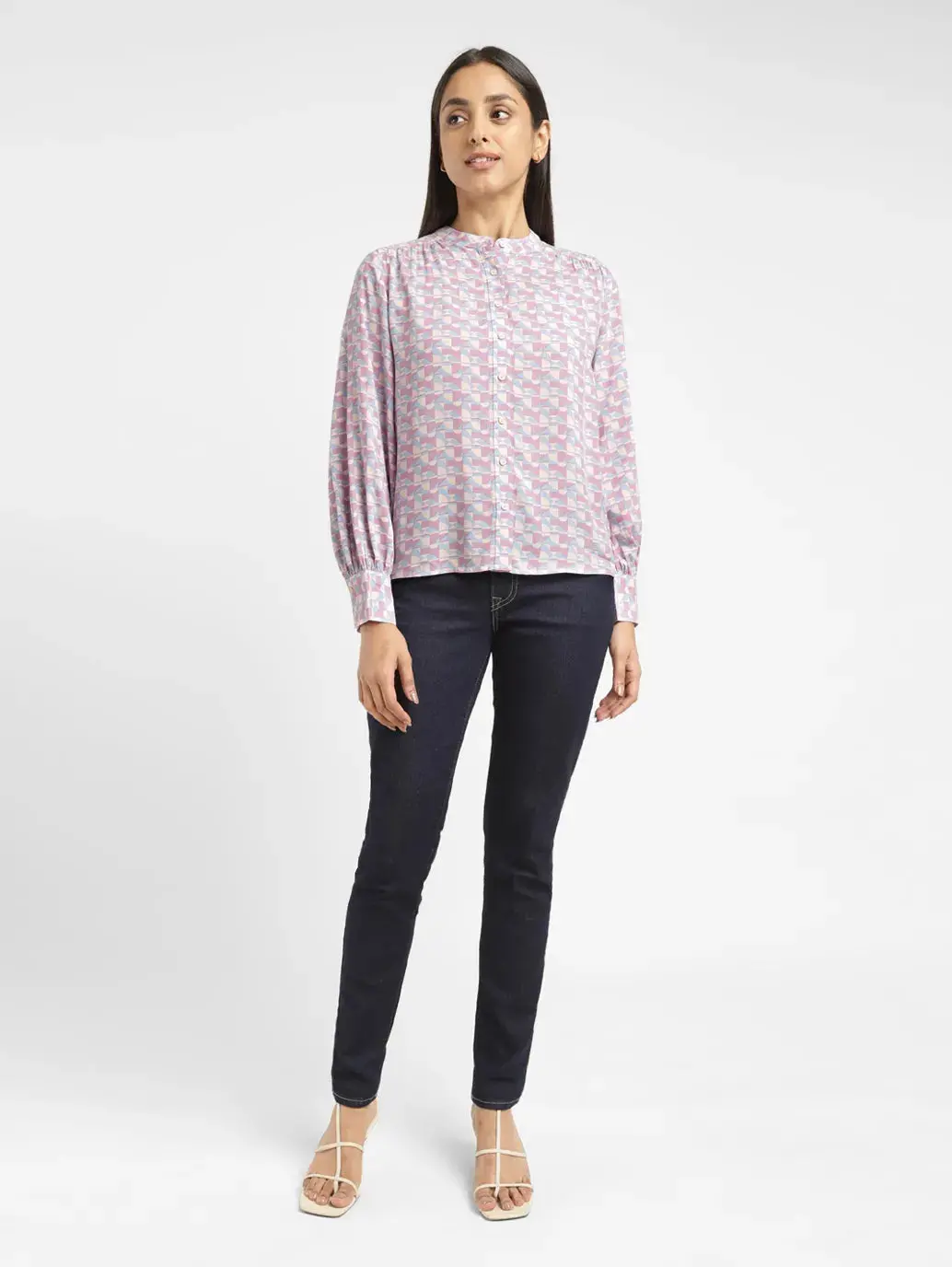 Women's Geometric Band Neck Shirt 1