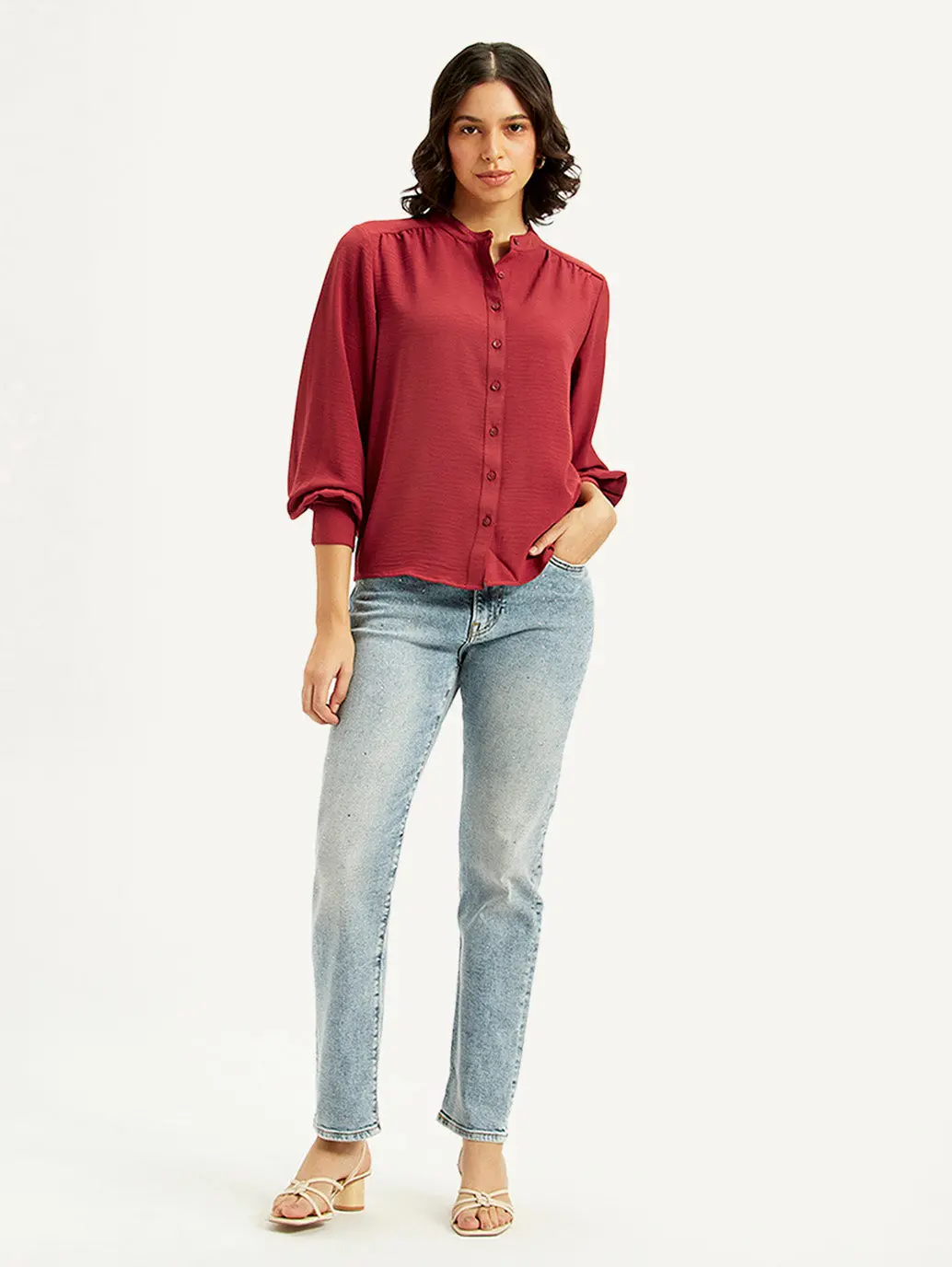 Women's Solid Maroon Mandarin Collar Top 1
