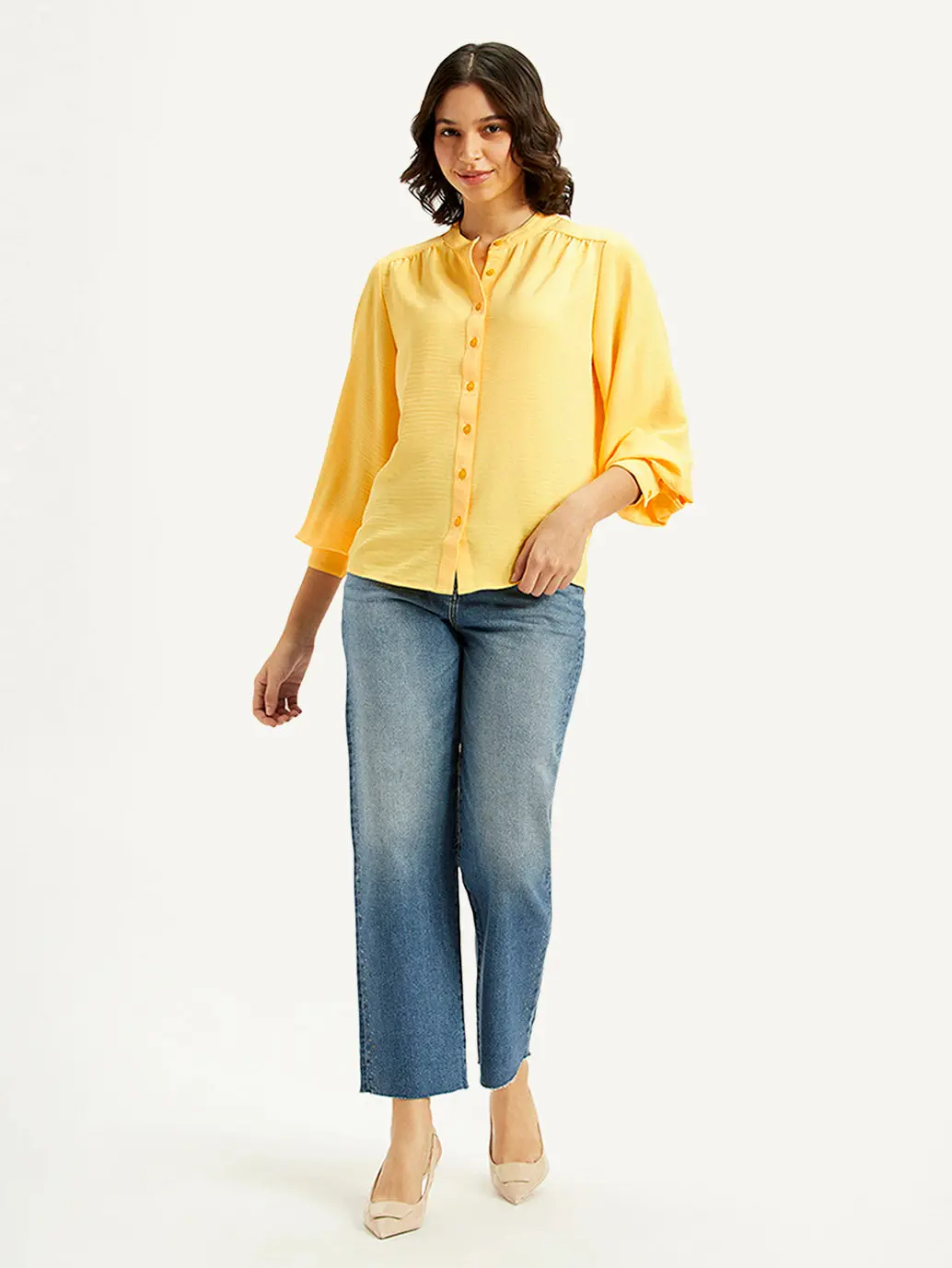 Women's Solid Yellow Mandarin Collar Top 1