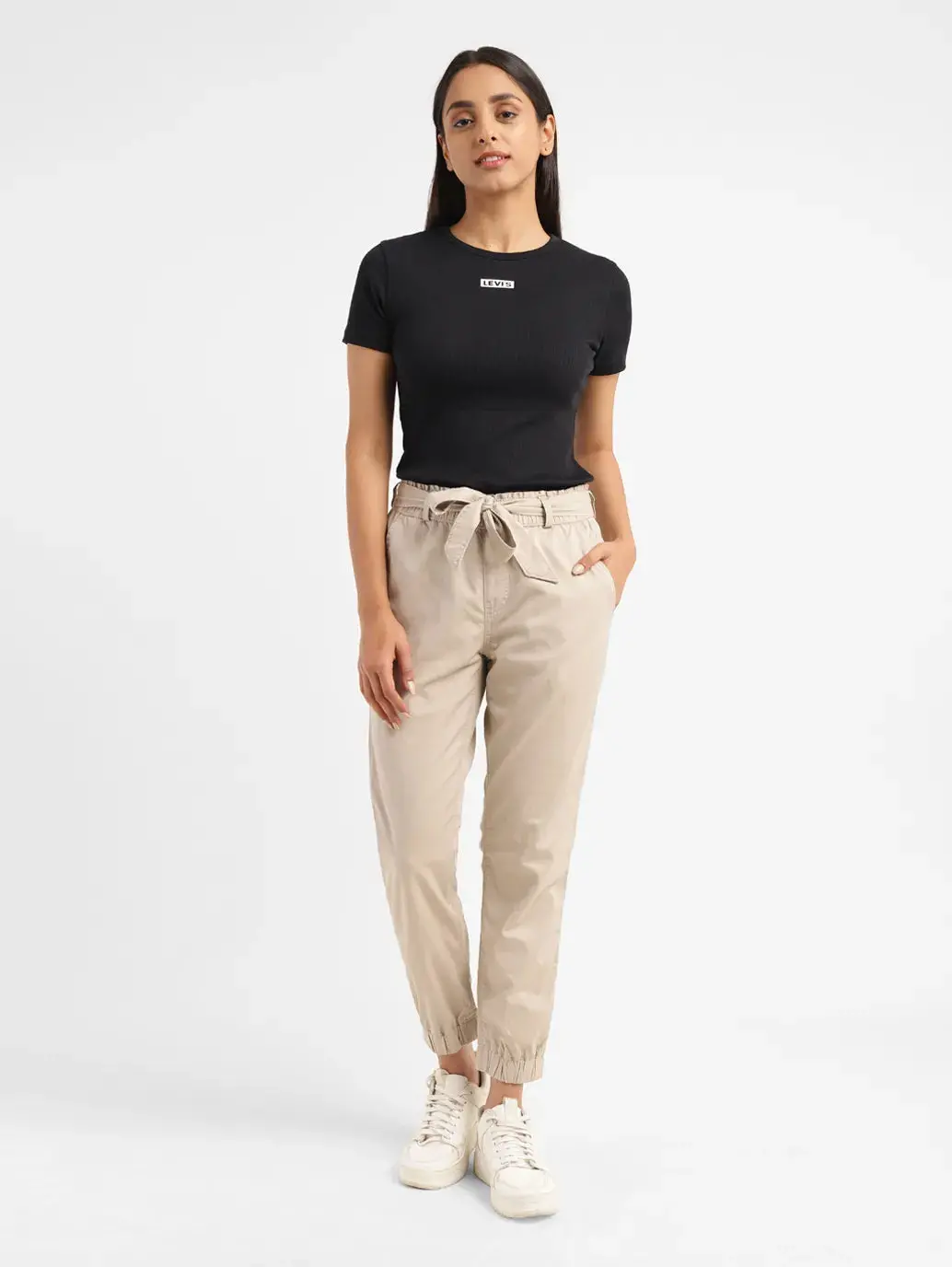 Women's High Rise Beige Regular Fit Joggers 1