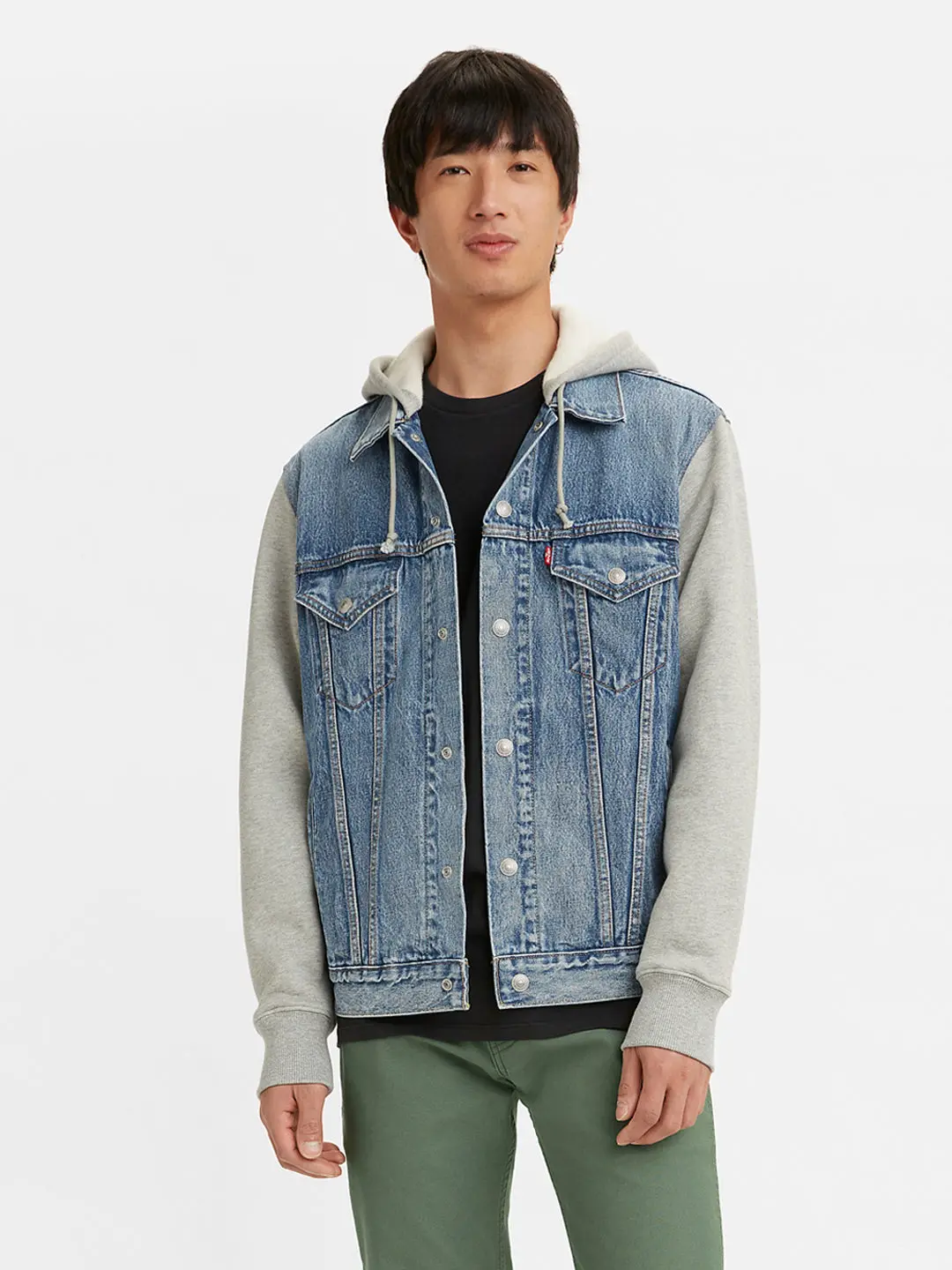 Men's Colorblock Blue Hooded Denim Trucker Jacket 1