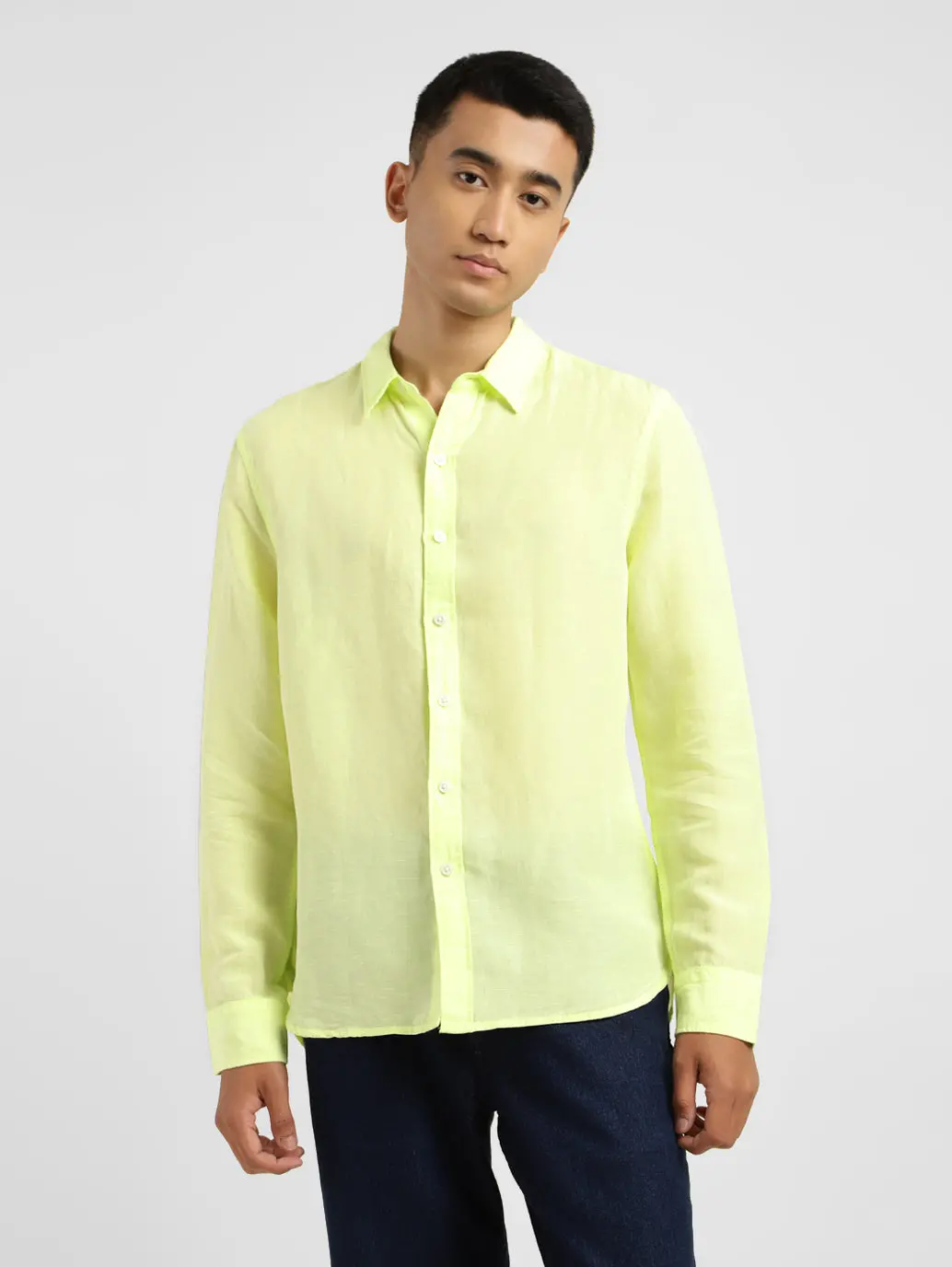 Men's Solid Spread Collar Linen Shirt Yellow 1