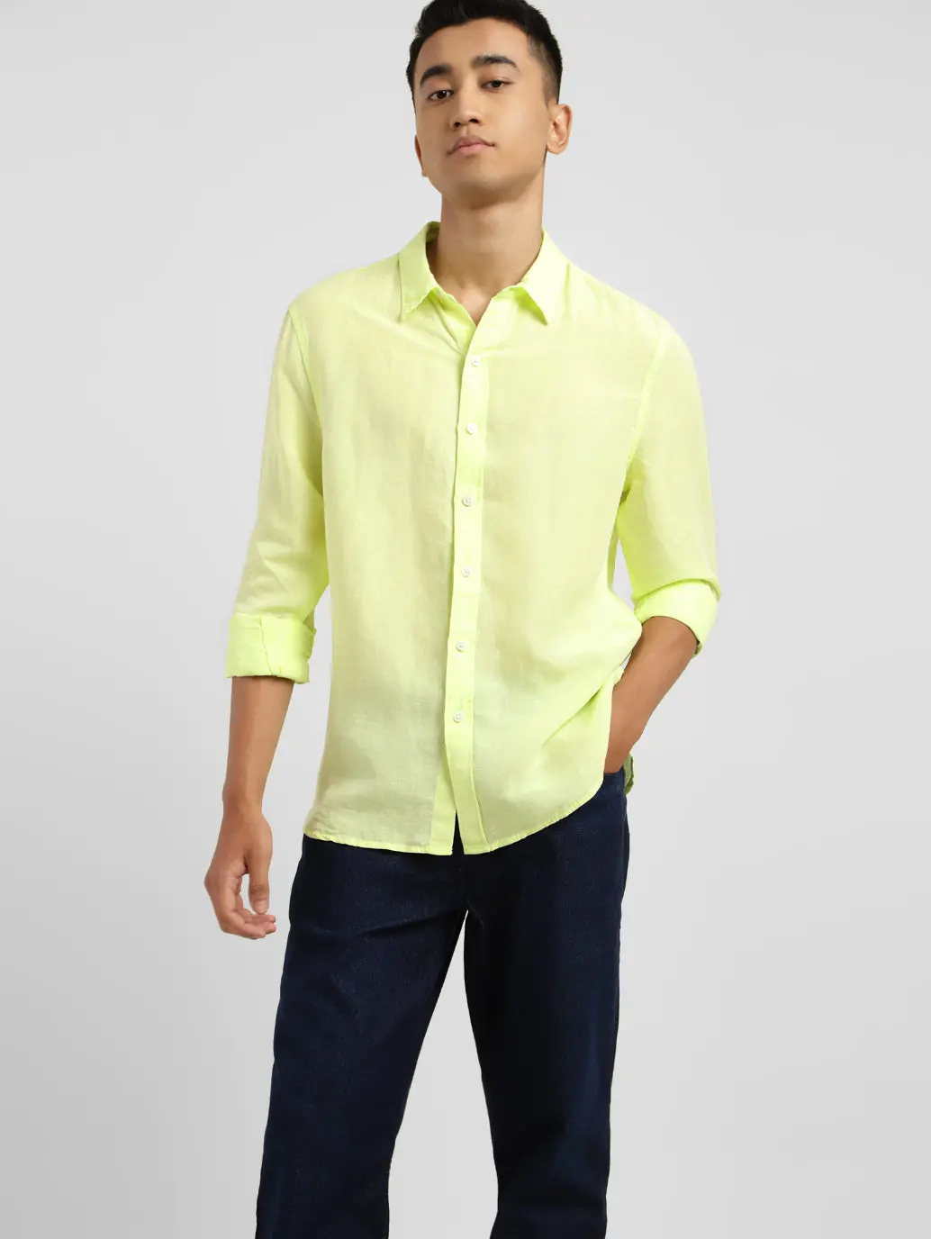 Men's Solid Spread Collar Linen Shirt Yellow 2