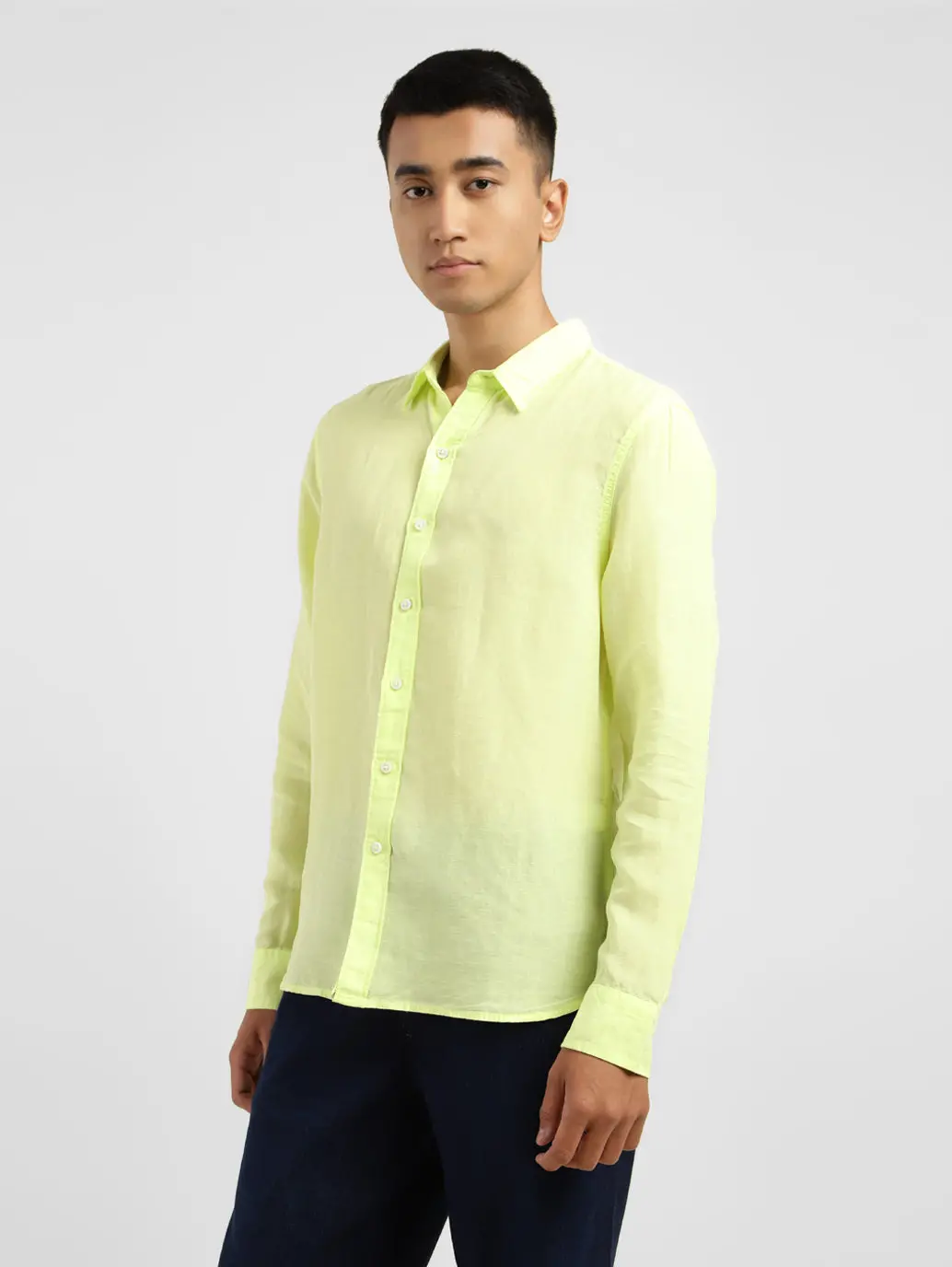 Men's Solid Spread Collar Linen Shirt Yellow 4