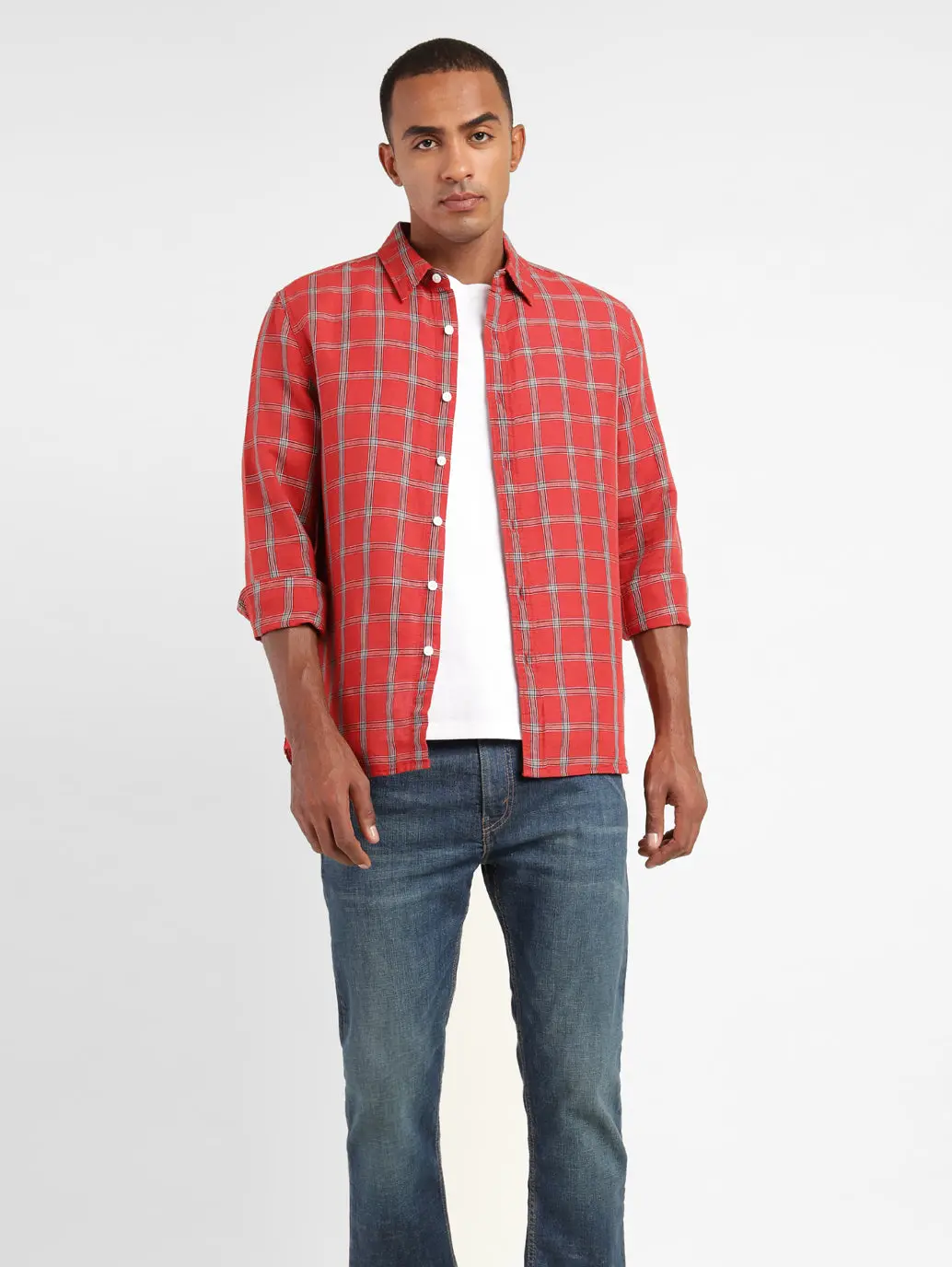 Men's Checkered Spread Collar Linen Shirt 1
