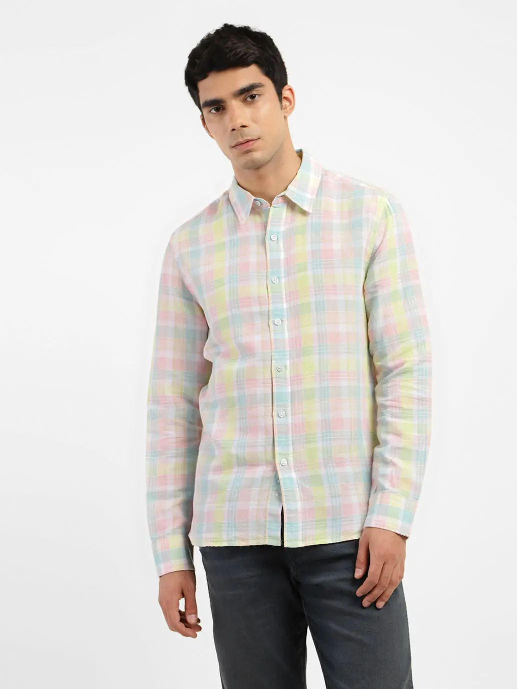Men's Checkered Spread Collar Linen Shirt 1