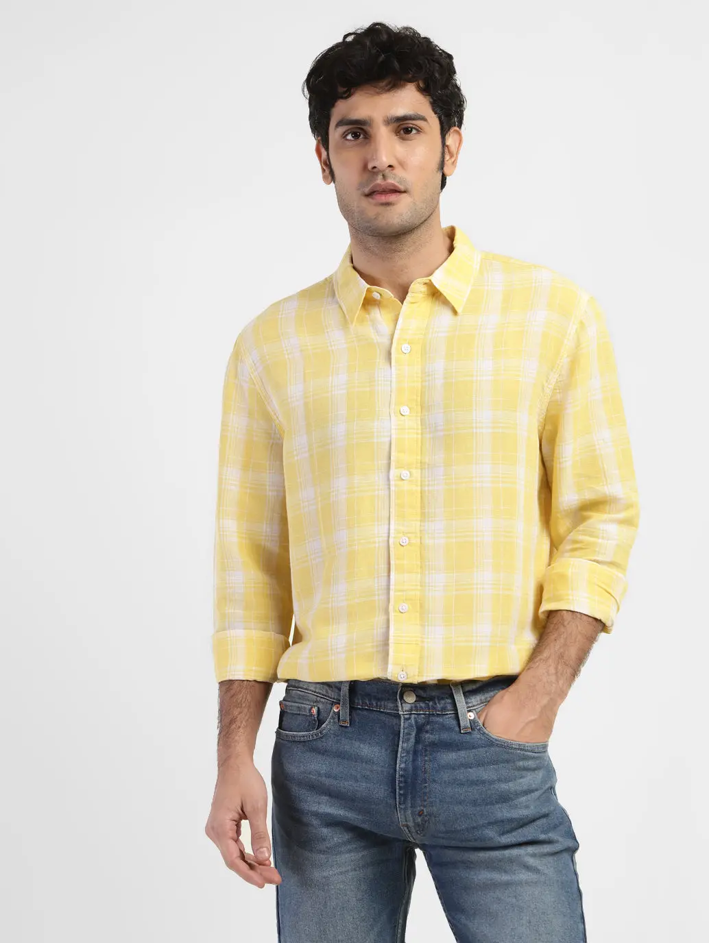 Men's Checkered Spread Collar Linen Shirt 1