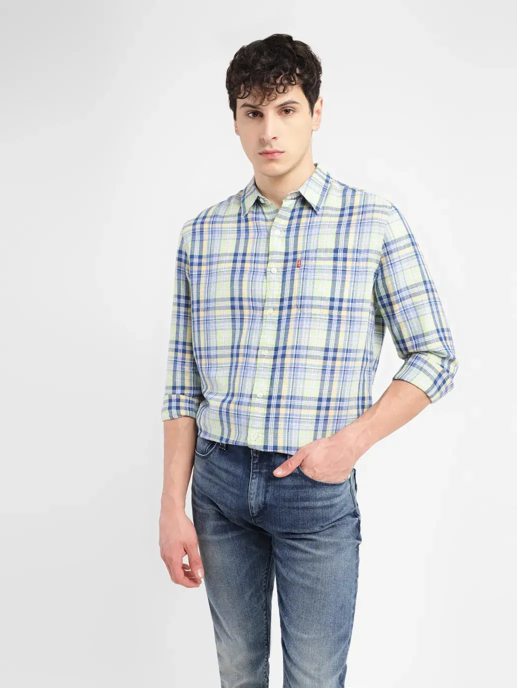 Men's Checkered Slim Fit Linen Shirt 1