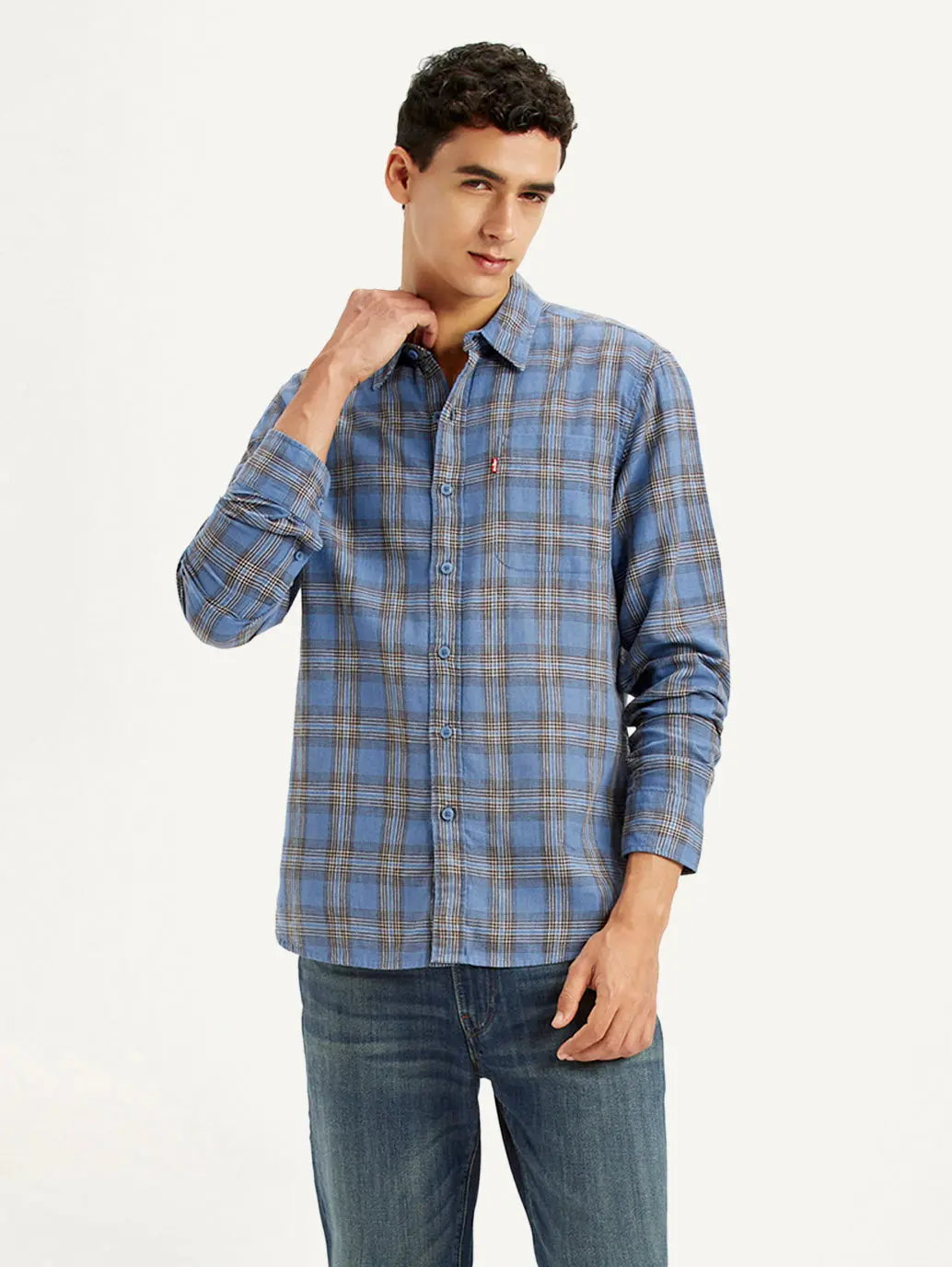 Men's Checkered Blue Slim Fit Linen Shirt 1