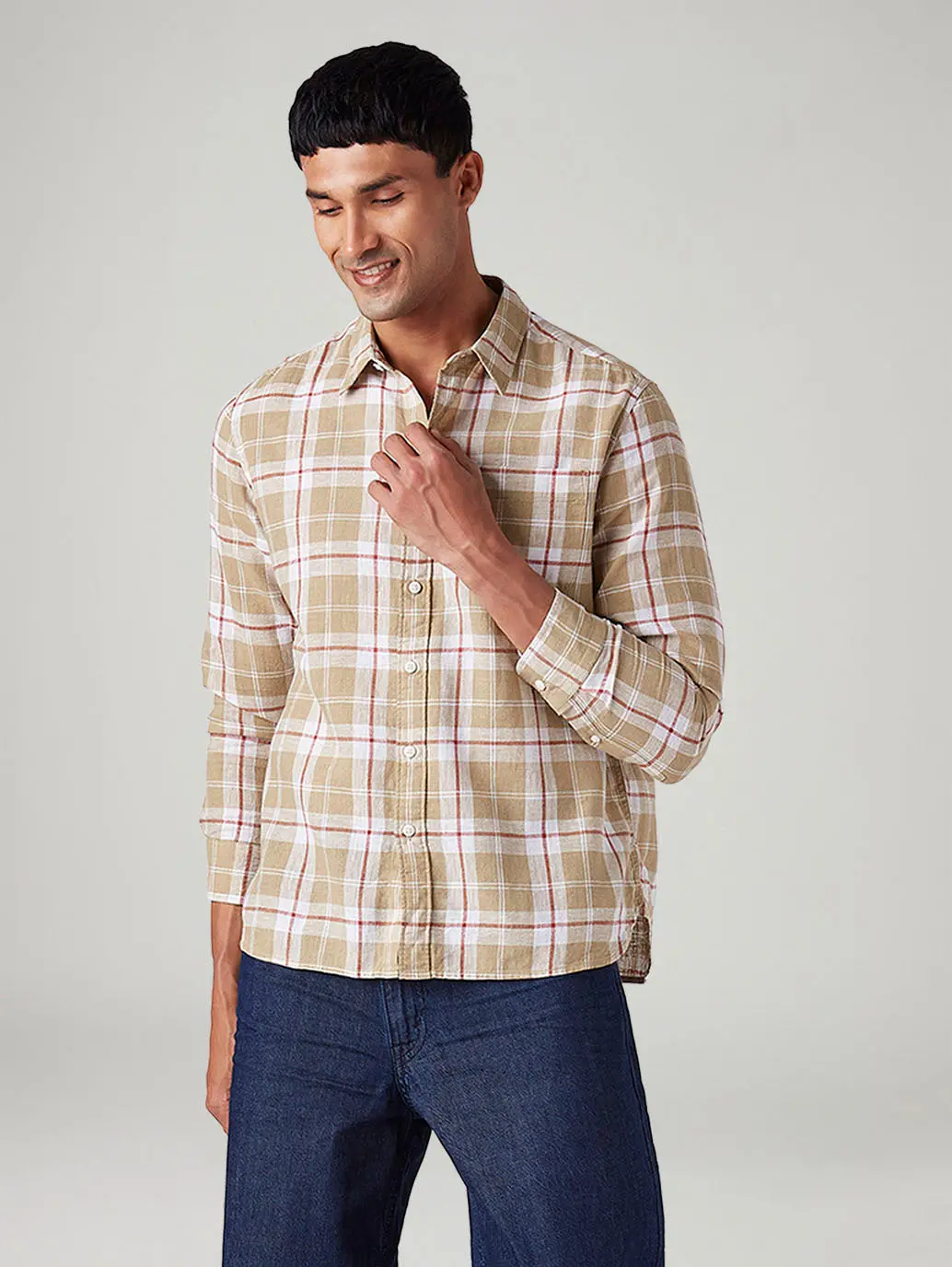 Men's Checkered Slim Fit Linen Shirt 1