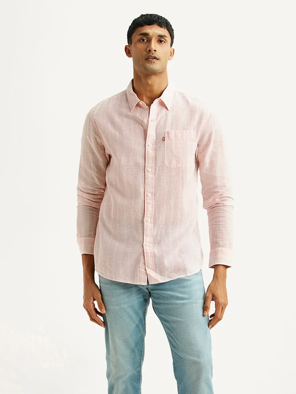 Men's Striped Light Pink Slim Fit Linen Shirt 1