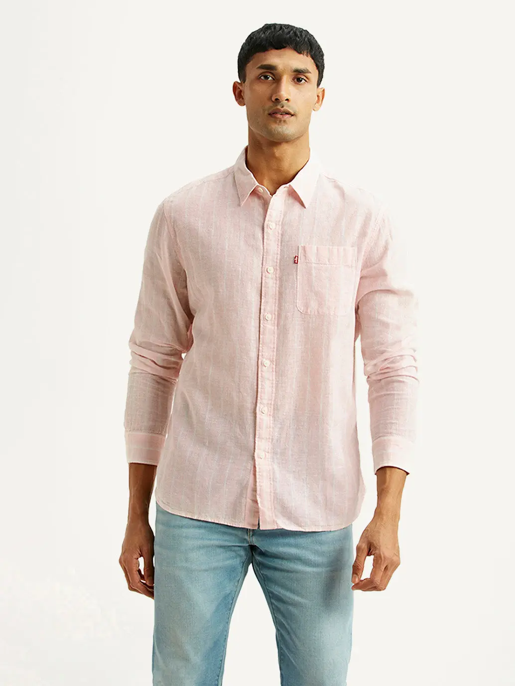 Men's Striped Light Pink Slim Fit Linen Shirt 5