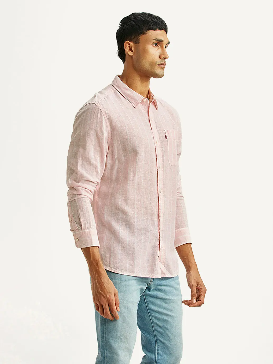 Men's Striped Light Pink Slim Fit Linen Shirt 4