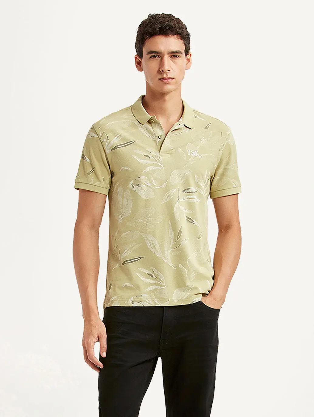 Men's All Over Print Beige Slim Fit Polo T-Shirt 1