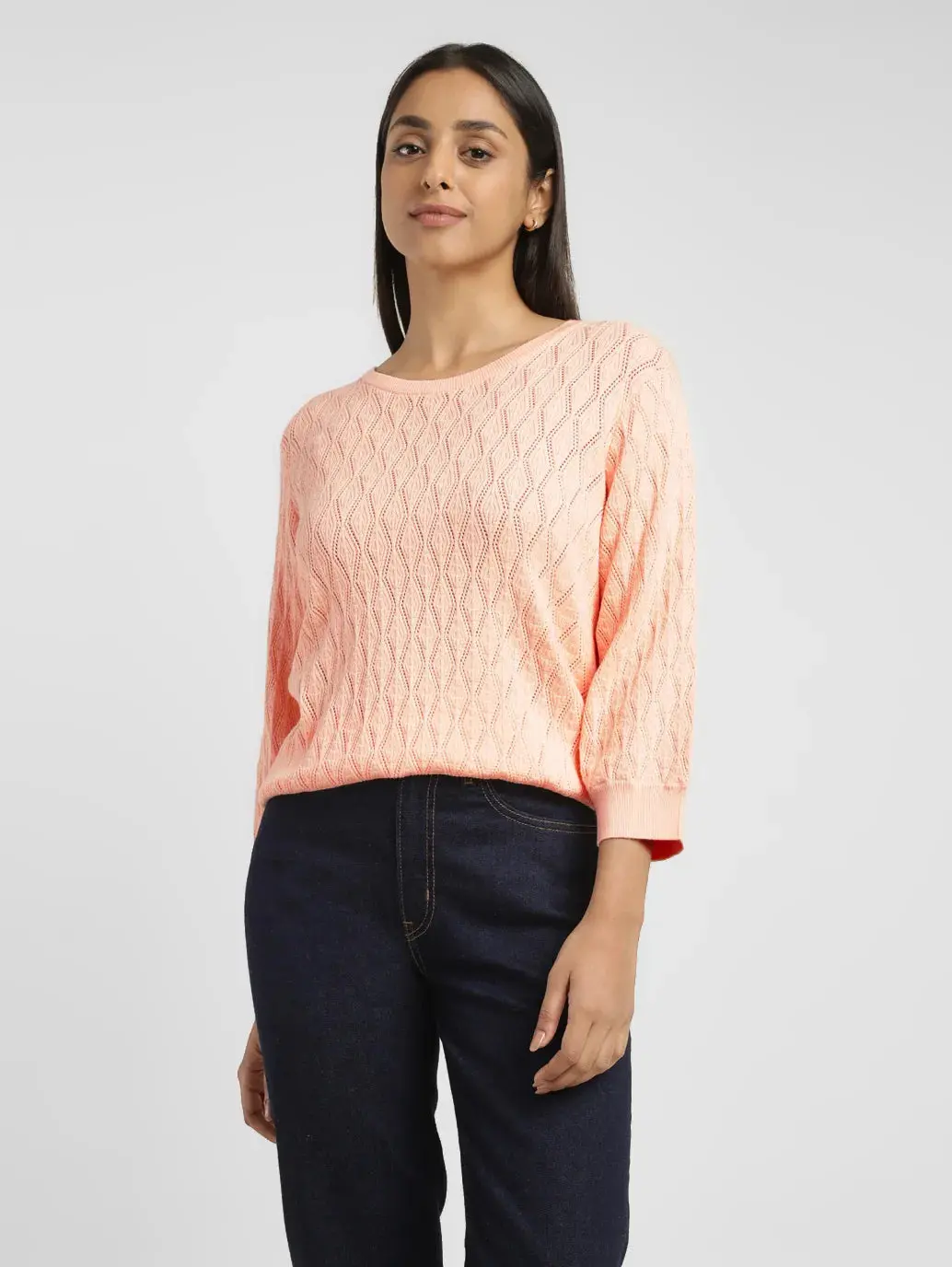 Women's Self Design Peach Crew Neck Sweater 1