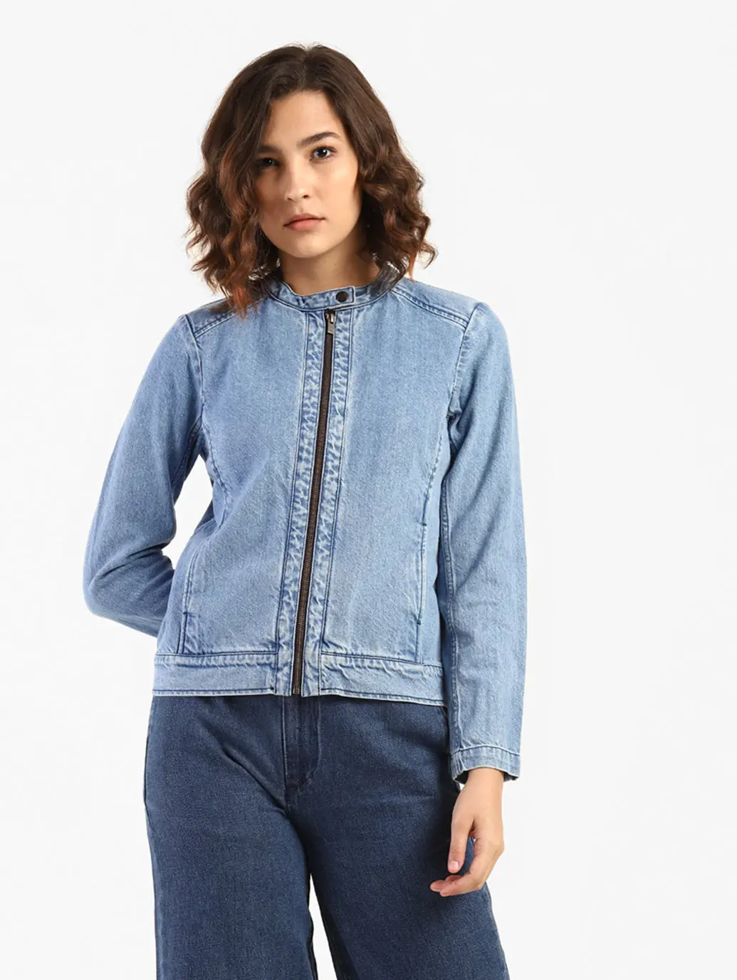 Women's Solid Band Neck Denim Jacket 1