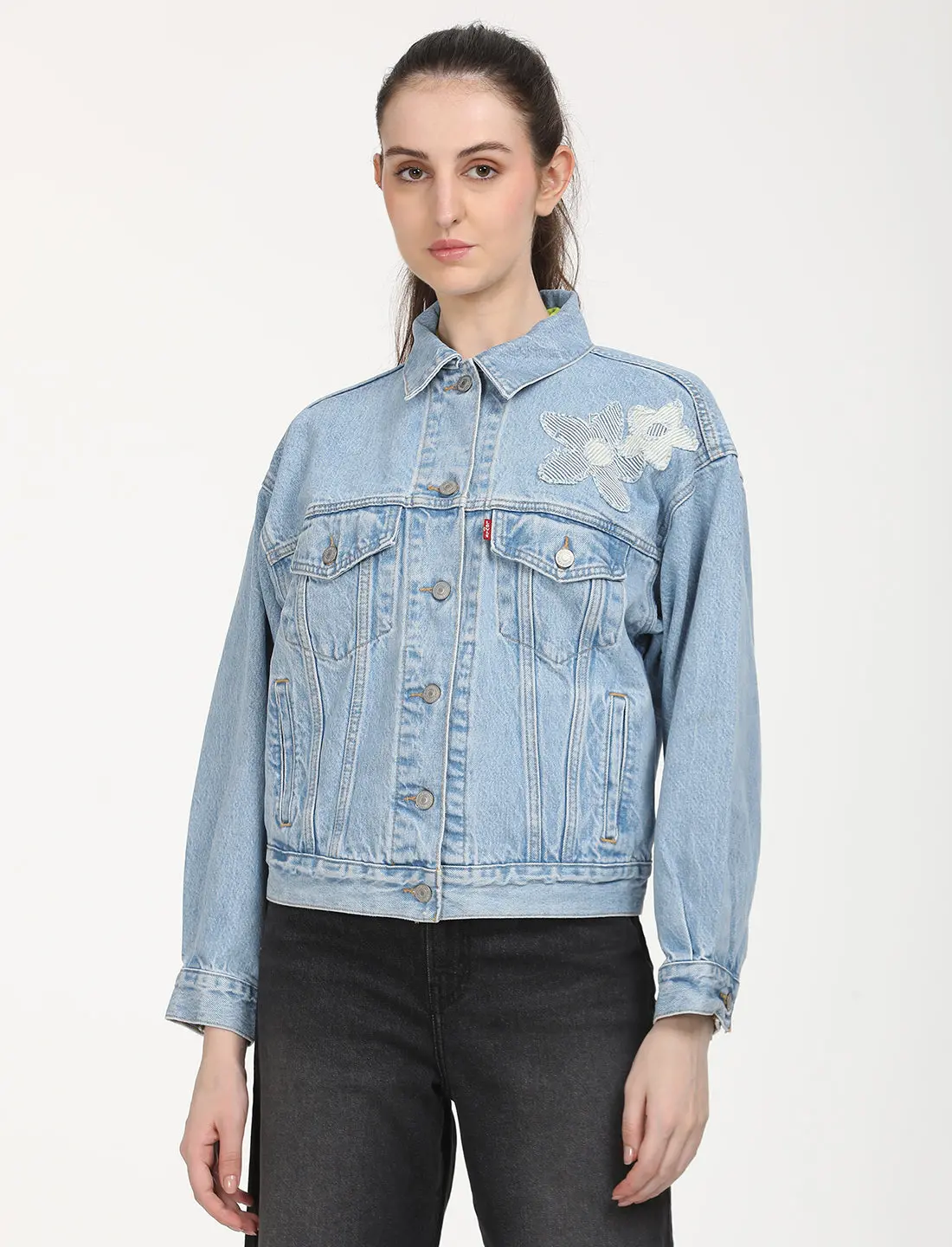 Women's Floral Print Blue Spread Collar Denim Trucker Jacket 1
