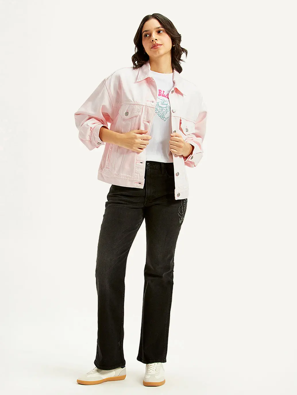 Women's Solid Pink Spread Collar Denim Trucker Jacket 1