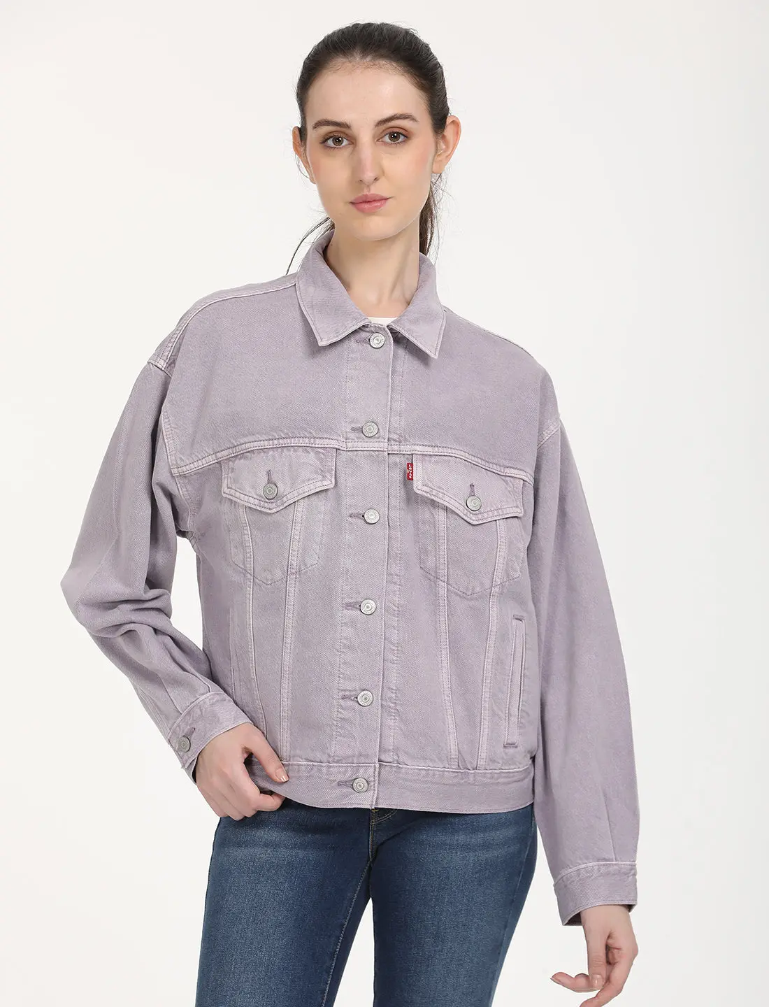 Women's Solid Purple Spread Collar Denim Trucker Jacket 1