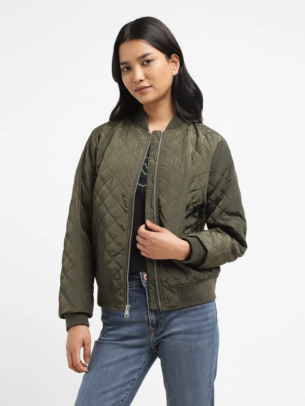 Women's Solid Green Collar Neck Bomber Jacket 1